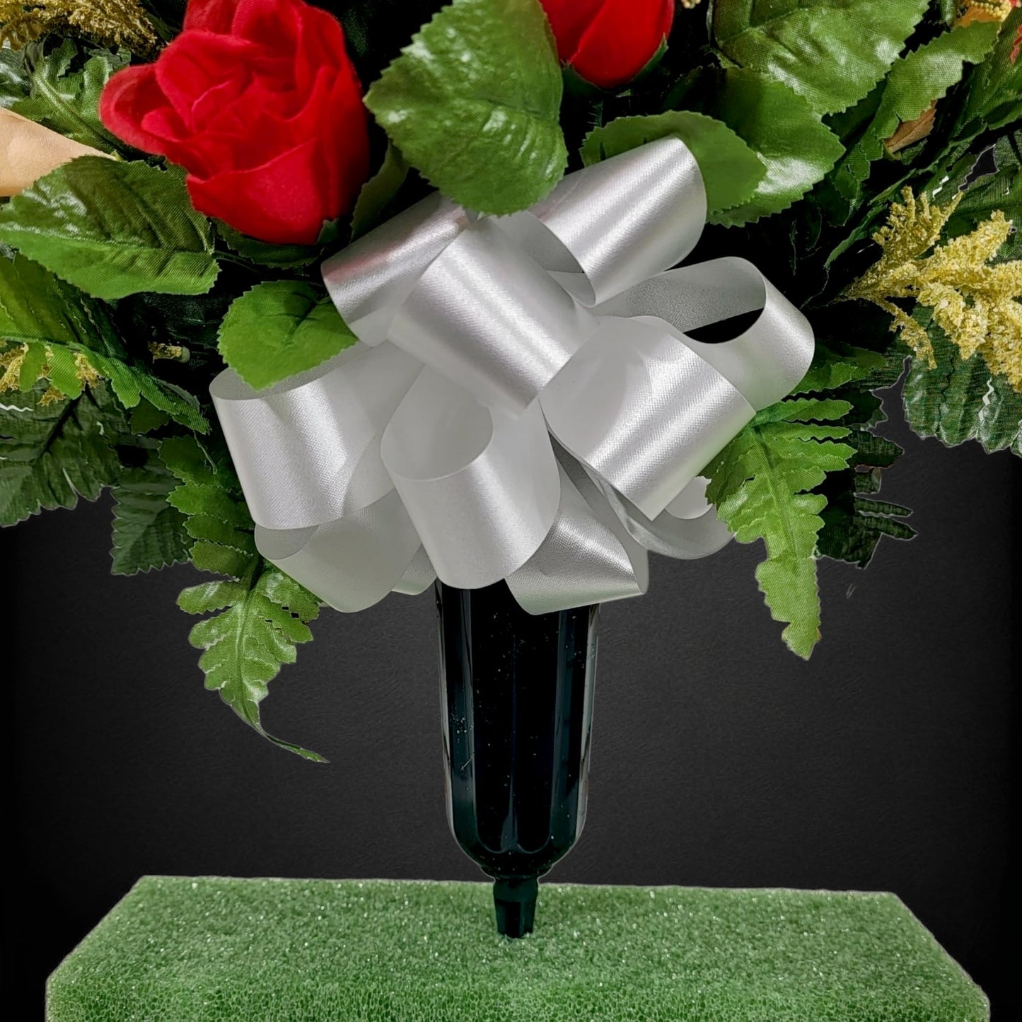 Realistic Artificial Cemetery Flowers - Silk Faux Floral Red Rose and Calla Lily - Bouquet Pair for Grave - Headstone Decoration - Memorial Flowers