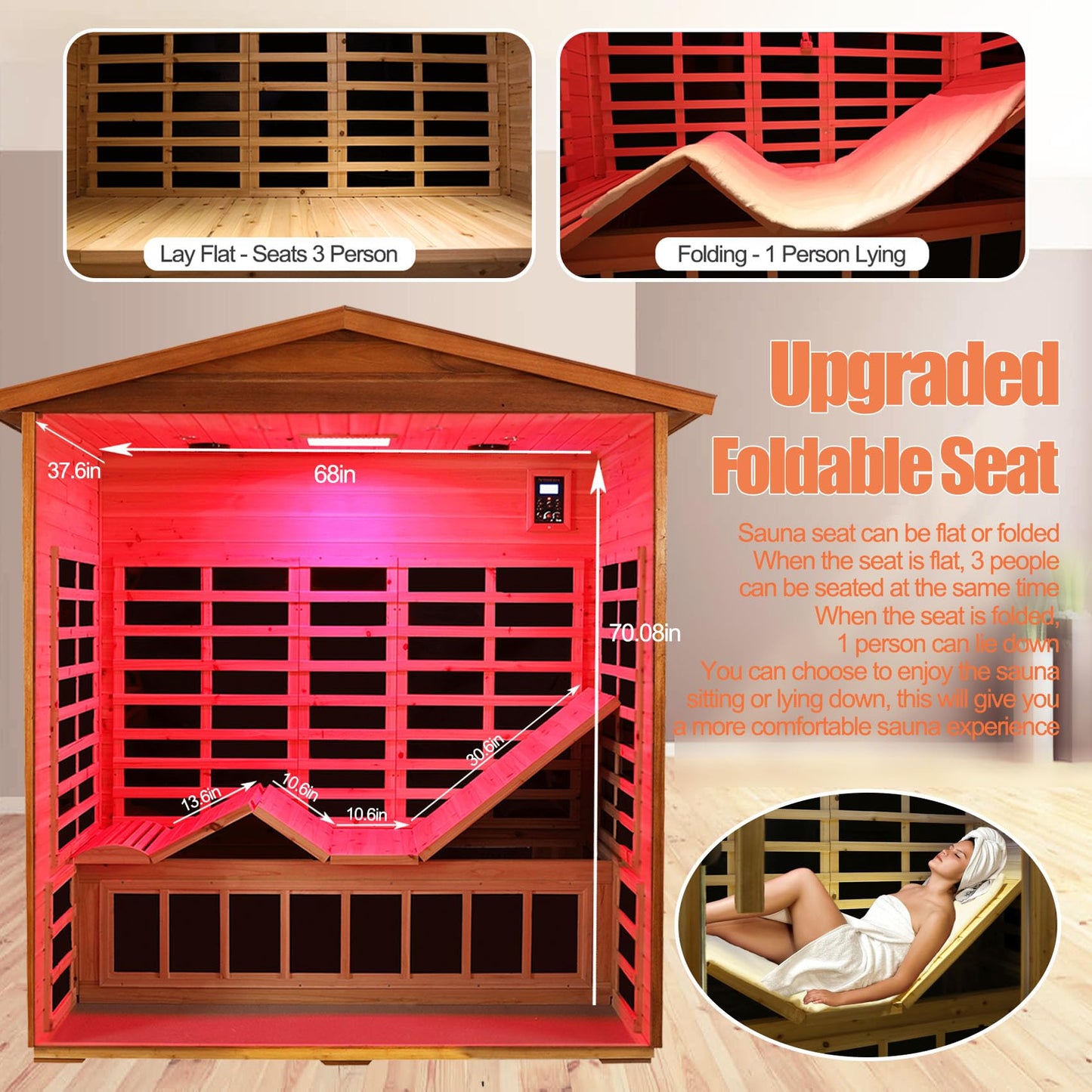 SALUSHEAT 3 Person Sauna Outdoor Sauna Far Infrared Saunas Low EMF Infrared Sauna for Home 1950W Indoor Sauna Mahogany Wooden Sauna Spa with Beauty Red Light, Foldable Seat, Headrest, Bluetooth