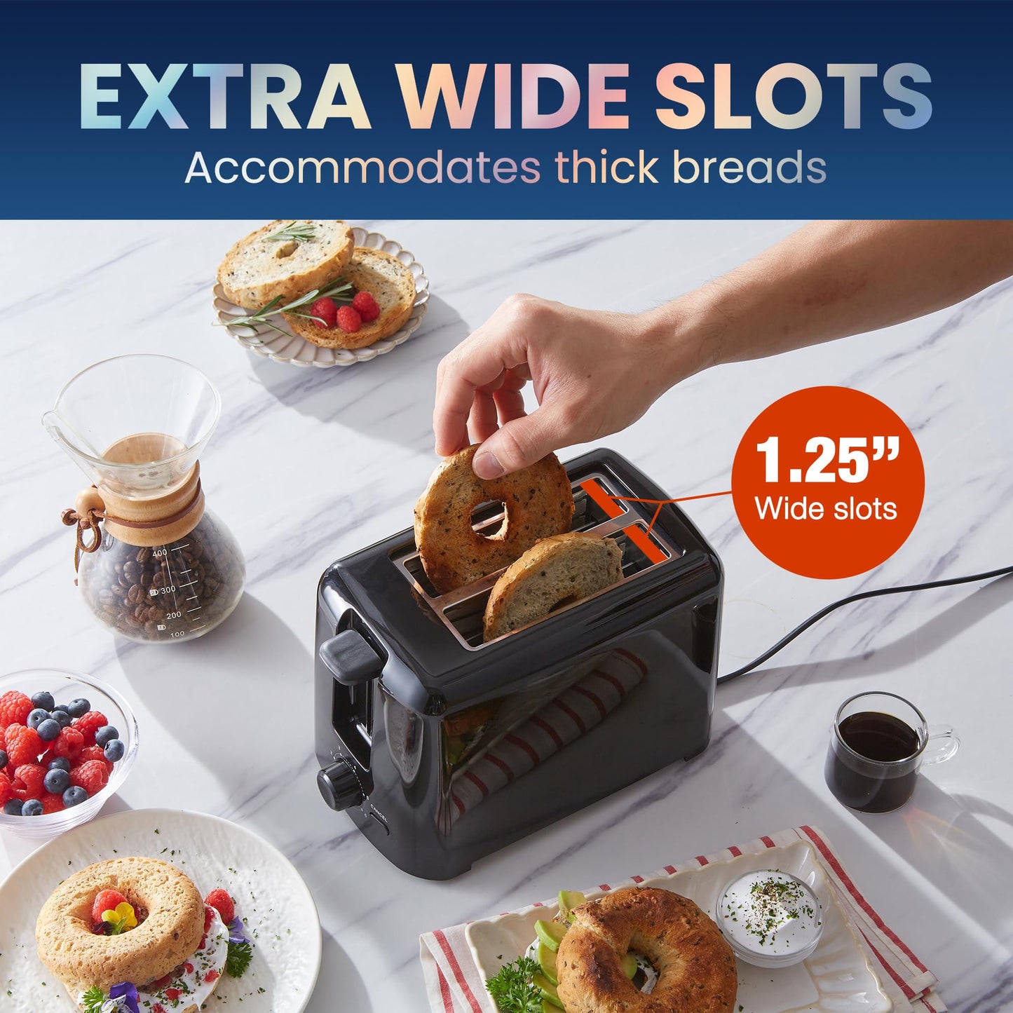 Elite Gourmet ECT1027B Cool Touch Toaster with 6 Temperature Settings & Extra Wide 1.25" Slots for Bagels, Waffles, Specialty Breads, Puff Pastry, Snacks, ETL Certified, 2 Slices, Black