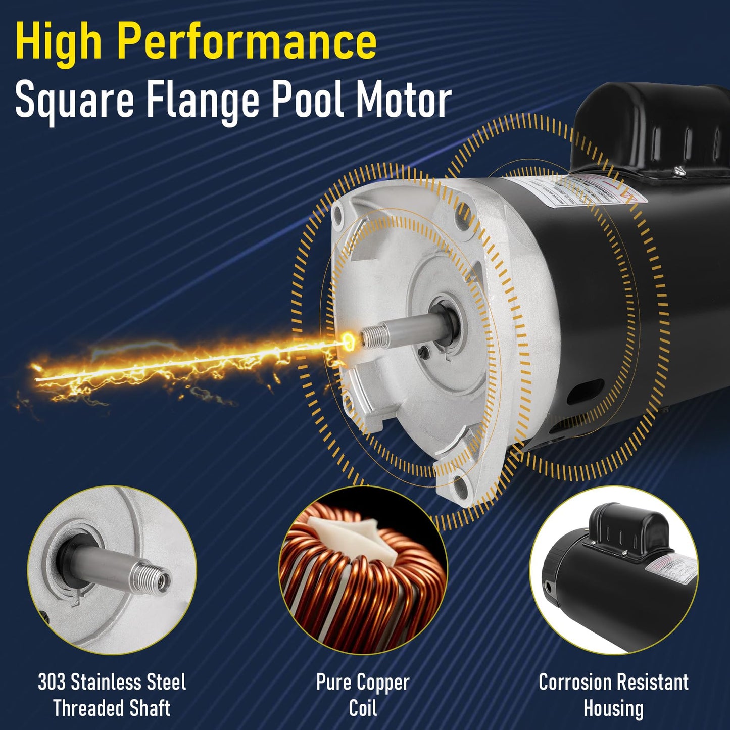 B2853 Square Flange Pool Pump Motor - 1 HP,3450 RPM,56Y Frame,PSC, ODP Enclosure - Reliability for Your Pool Pump - 12-Month Assurance of Quality and Support