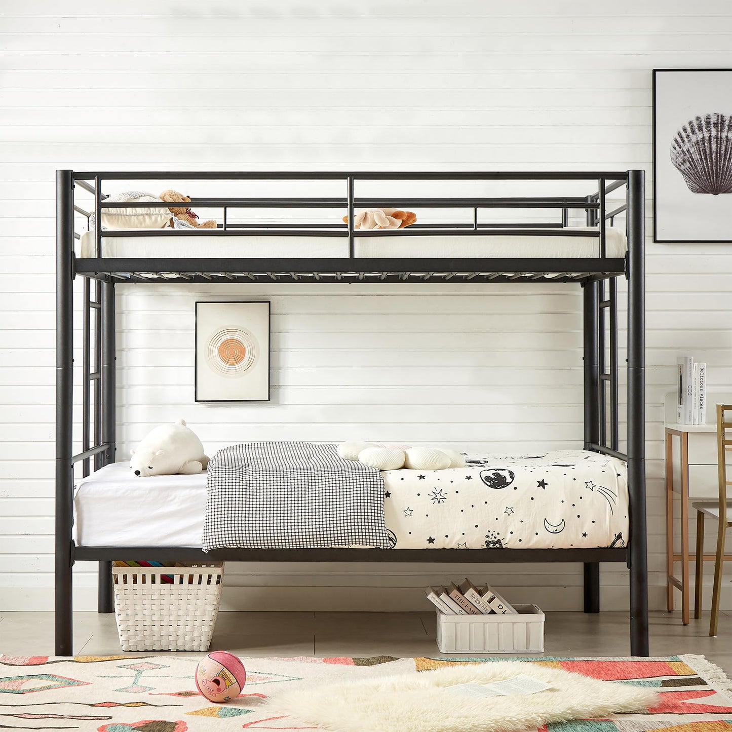 VECELO Metal Bunk Bed Twin Over Twin, Industrial Bunkbeds with Ladder and Full-Length Guardrail, Noise Free, No Boxing Spring Needed, Black