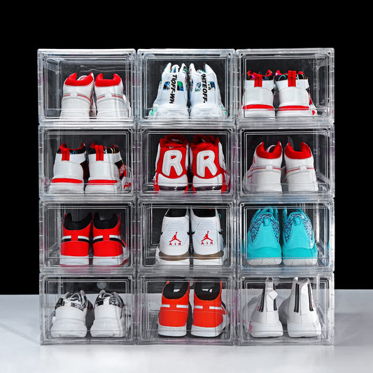 12 Pack Shoe Boxes, Clear Acrylic Plastic Shoe Boxes Stackable, Space-Saving Foldable Drop Front Shoe Storage Boxes Container for With Lids Fits Up to Size 15 (Transparency)