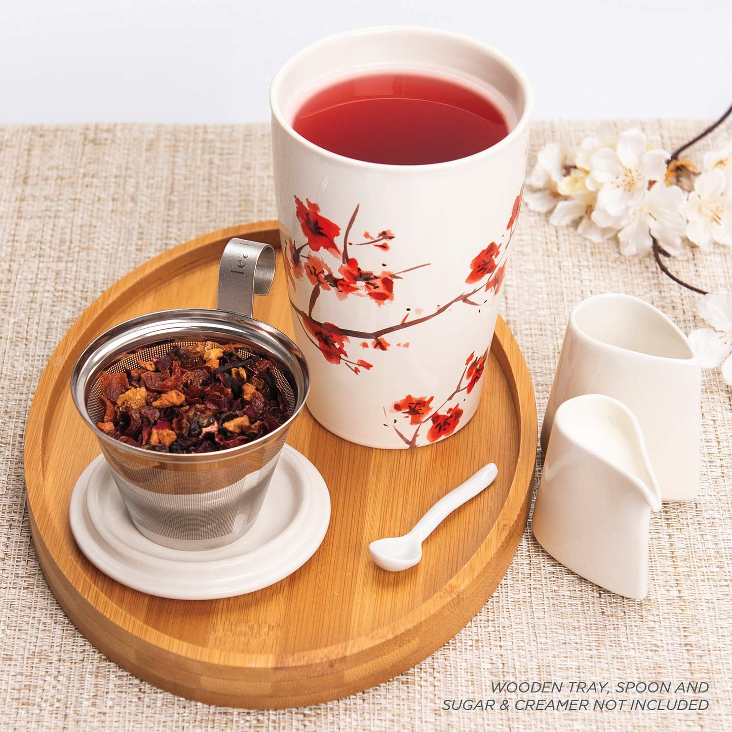 Tea Forte Cherry Blossom Kati Cup Double-Walled Ceramic Tea Cup with Removable Stainless Steel Infuser Basket and Lid, Steeps 12 oz Loose Leaf Tea, Lid and Cup Dishwasher & Microwave Safe