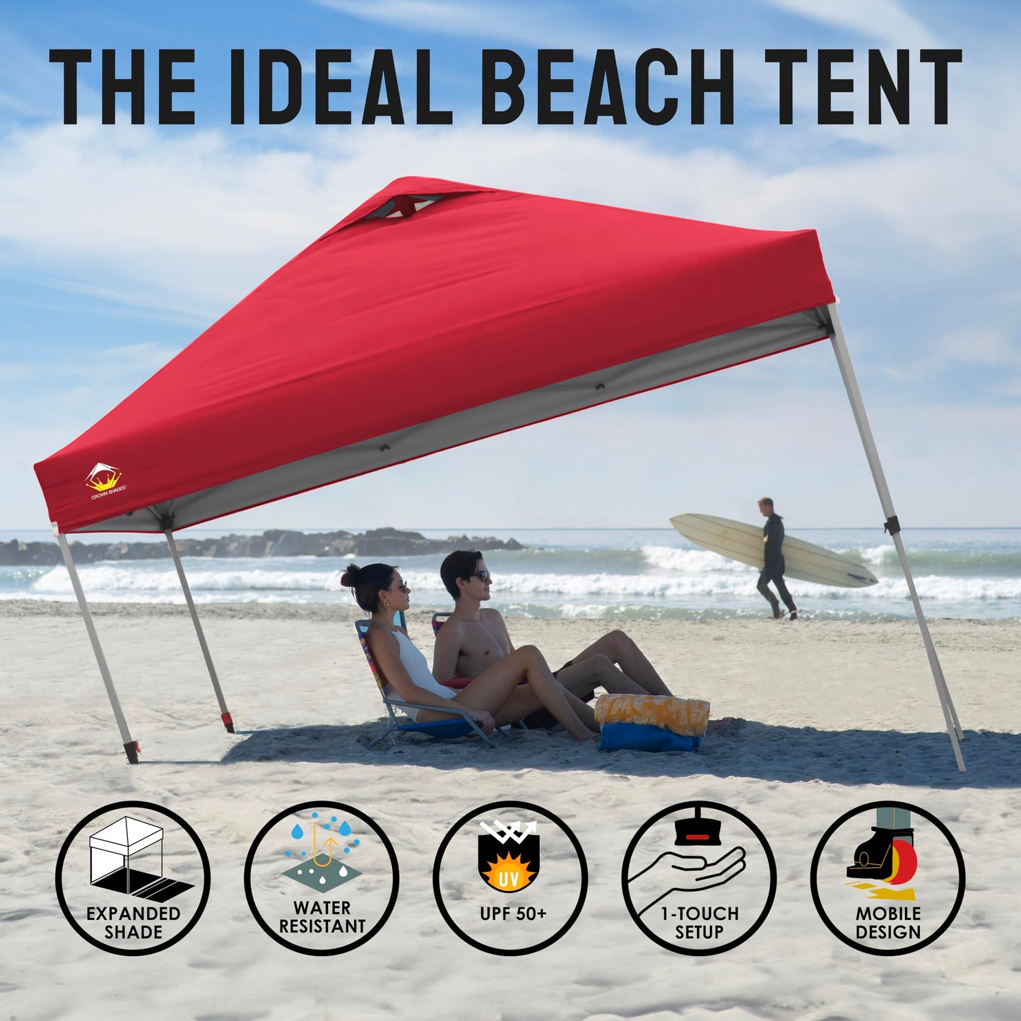 CROWN SHADES 10x10 Pop Up Canopy - Beach Tent with One Push Setup - Easy Outdoor Sun Shade for Events, Parties, Camping - Gazebo with STO-N-Go Cover Bag, Silver Coated Top, Red