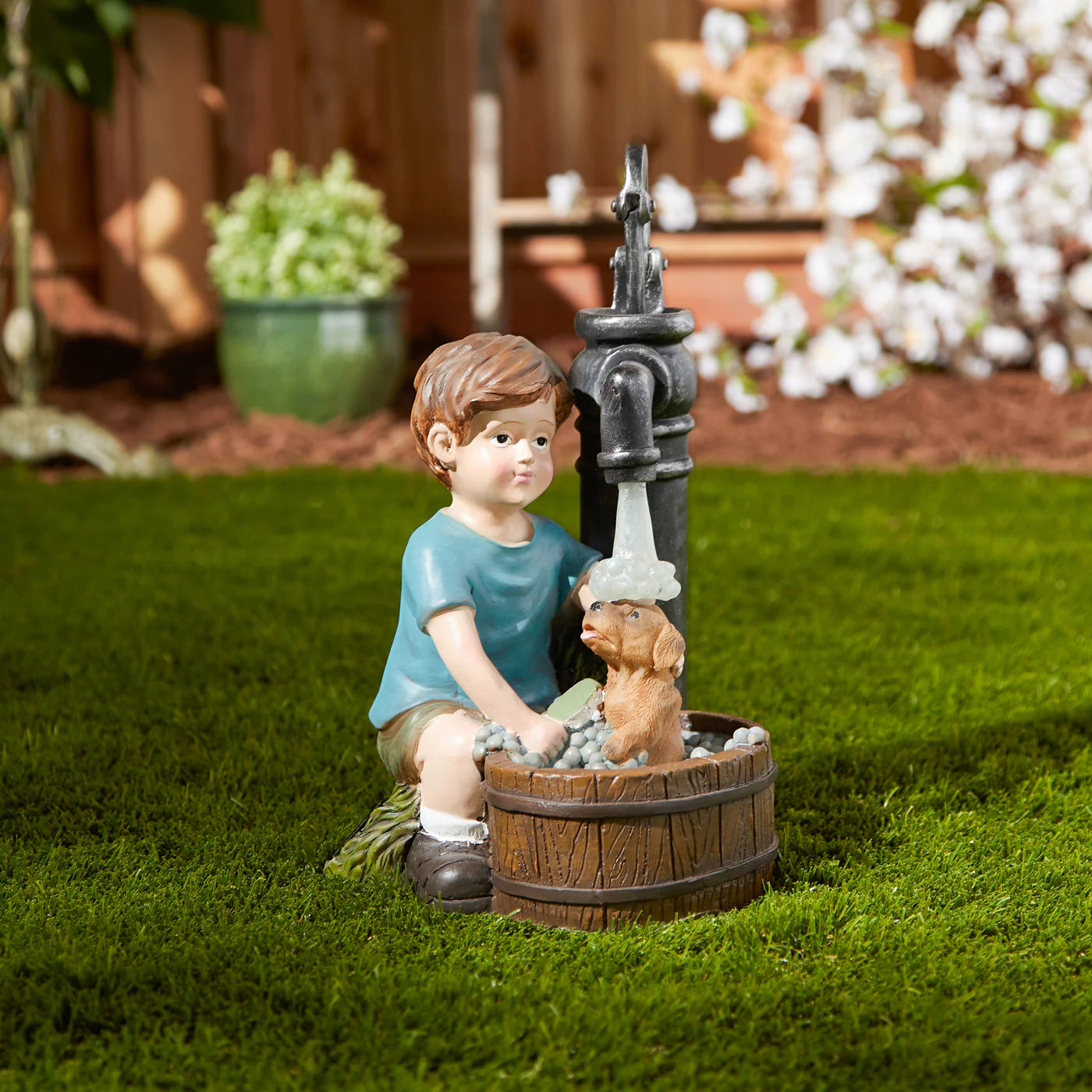 Boy And Dog Solar Garden Statue