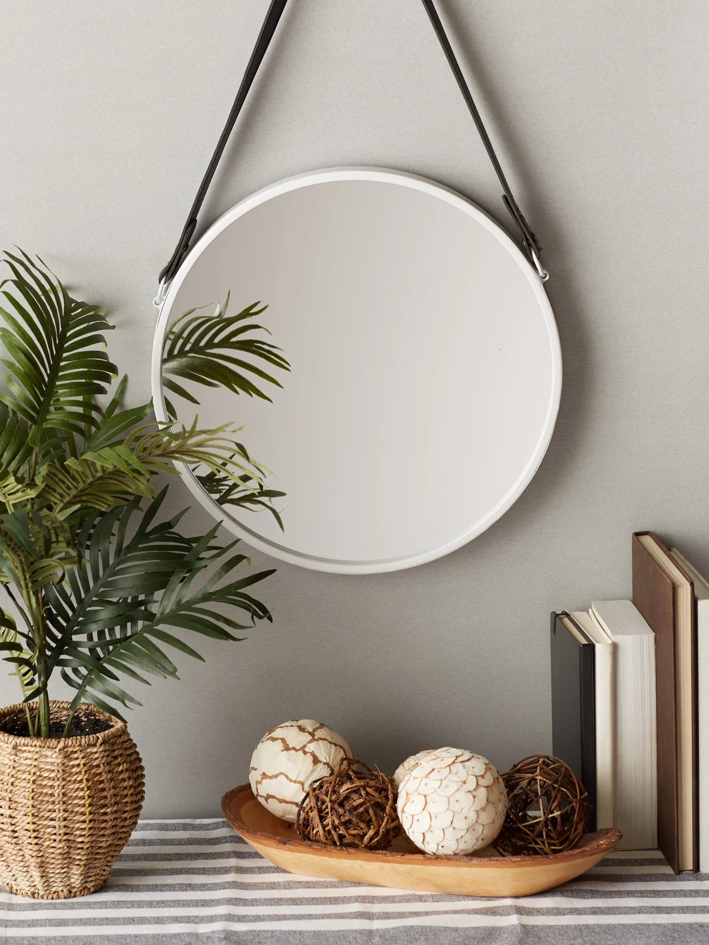 Hanging White Mirror with Faux Leather Strap