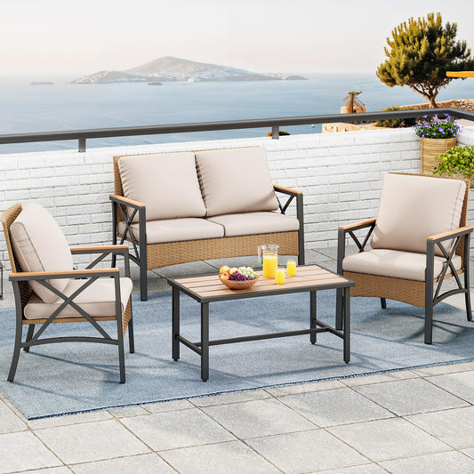 YITAHOME 4-Piece Patio Wicker Furniture Set with Wood Armrest, All Weather Rattan Conversation Furniture Sets for Backyard, Balcony, Deck w/Soft Cushions and Plastic Wood Table (Light Brown+Beige)