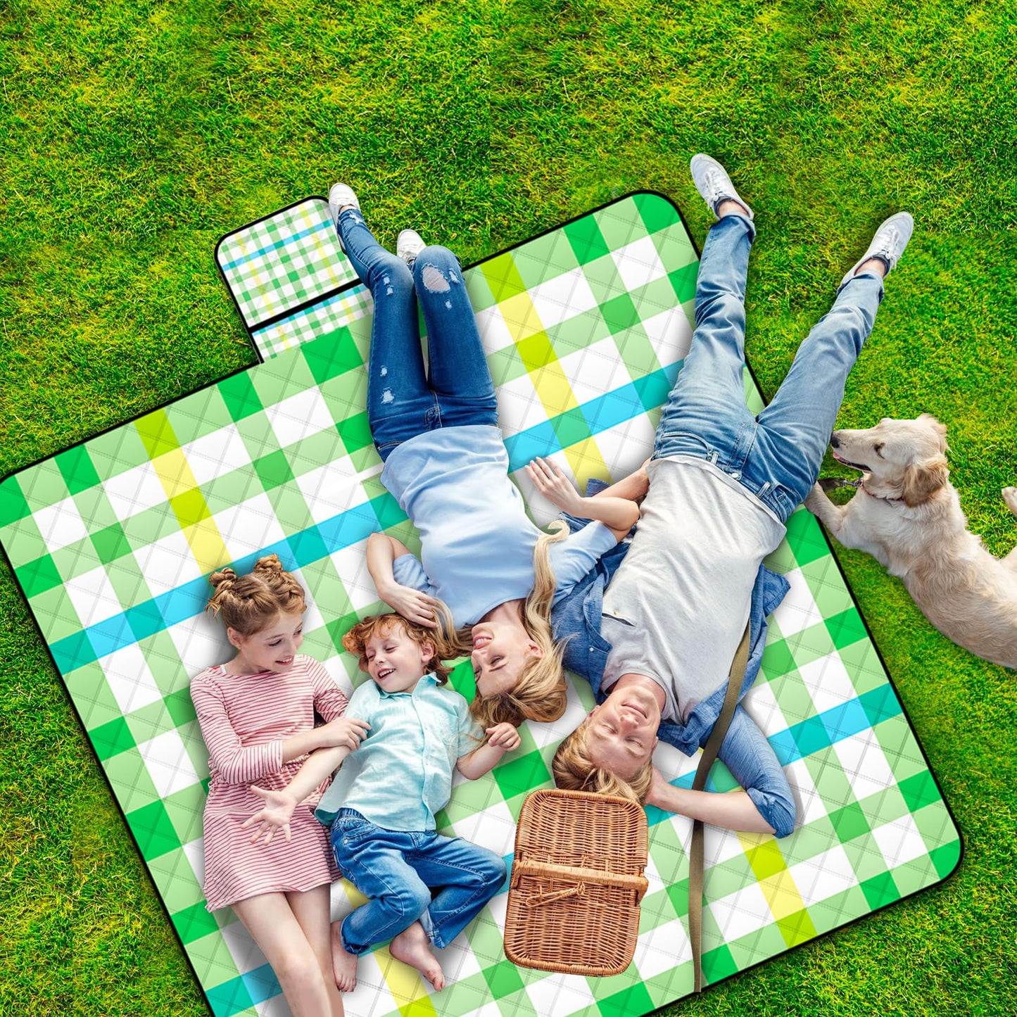 Ruikyhom Portable Waterproof Picnic Blanket,Picnic Blankets Extra Large Outdoor 80"x80", Machine Washable, Extra Large Picnic Mat for Grass Concert, Park, Lawn,Travel,Green Gingham