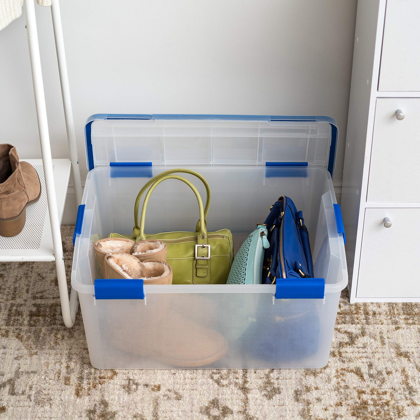 IRIS USA WeatherPro 60 Qt Storage Bins with Lids, 3 Pack, BPA-Free Plastic Gasket Box with Tight Latch and Seal, Stackable Nestable Tote Tub - Clear/Blue