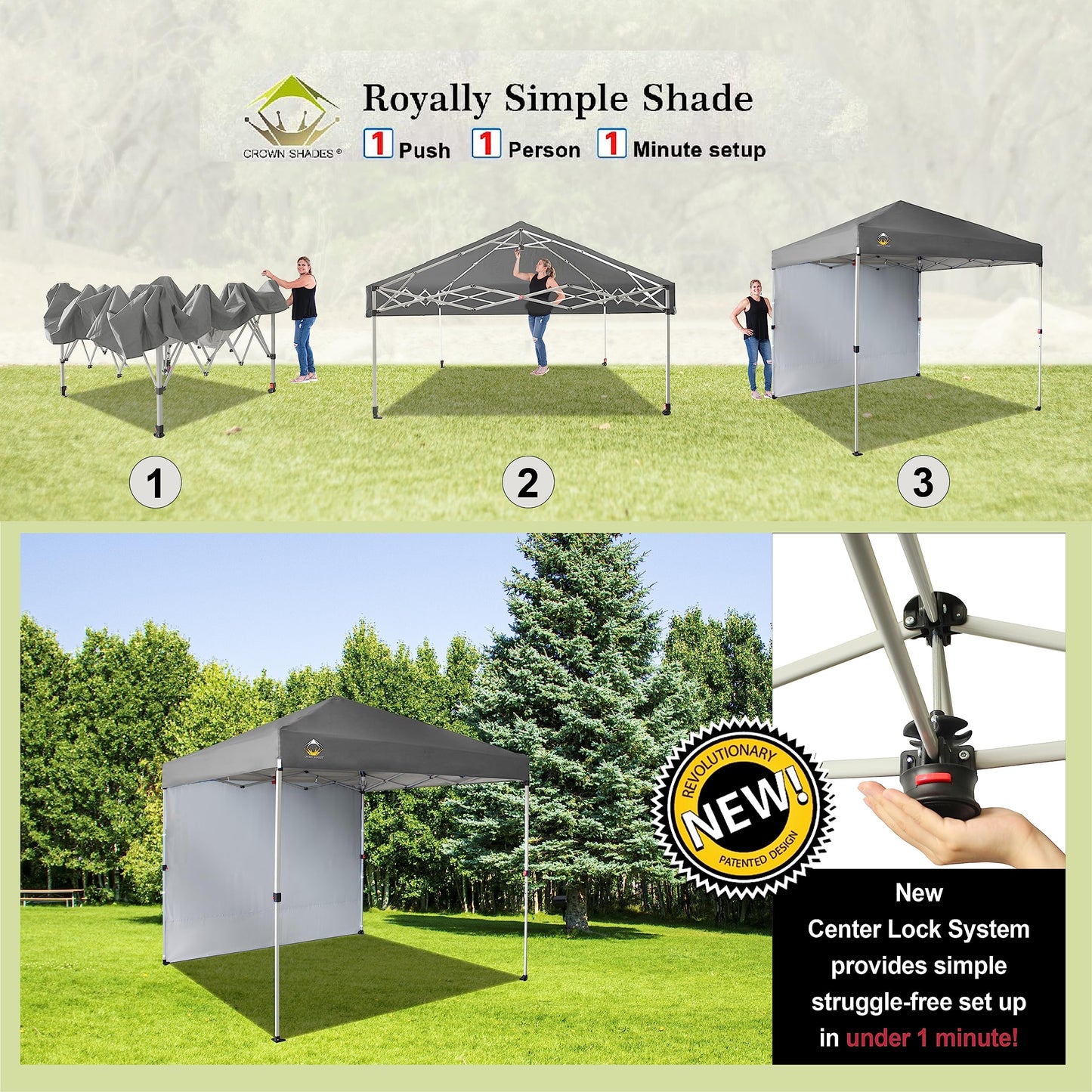 CROWN SHADES 8x8 Pop Up Canopy with 1 Side Wall - Beach Tent with One Push Setup - Outdoor Sun Shade for Events, Parties, Camping - Gazebo with STO-N-Go Cover Bag (Grey)