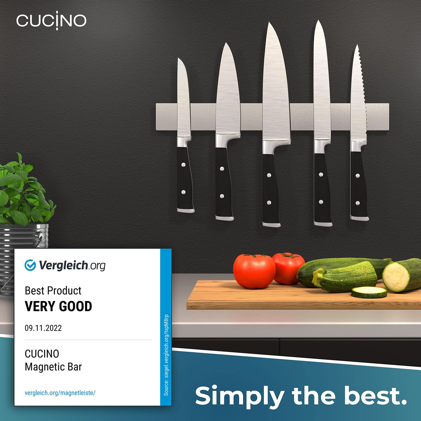 CUCINO Magnetic Knife Holder for Wall 16" No Drilling incl. Self Adhesive Tape - Extra strong Knife Holder - Awarded Knife Magnetic Strip - Made of Stainless Steel