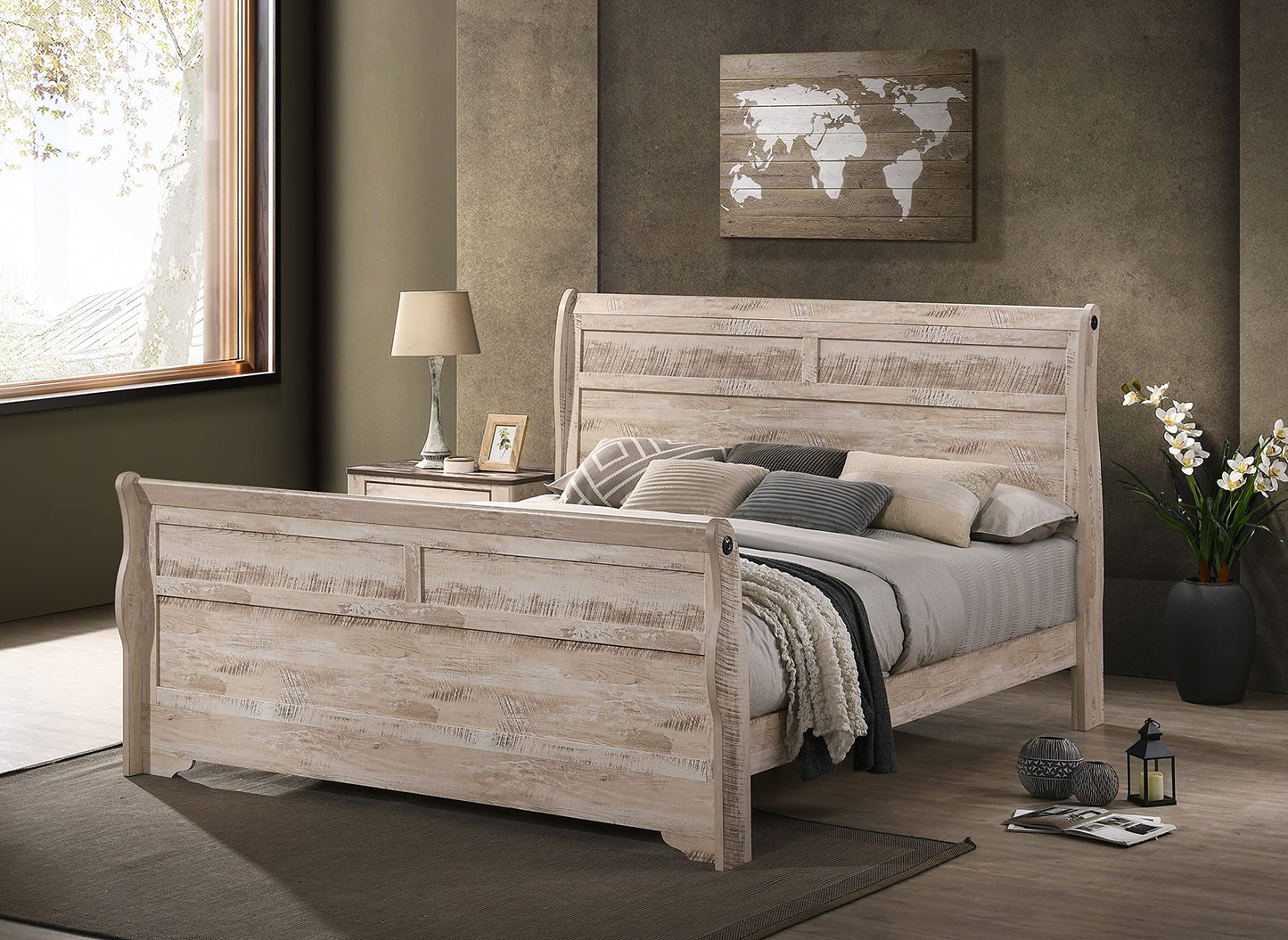 Roundhill Furniture Imerland Bed White-wash Finished 6-Piece Sleigh Headboard Bedroom Set, King