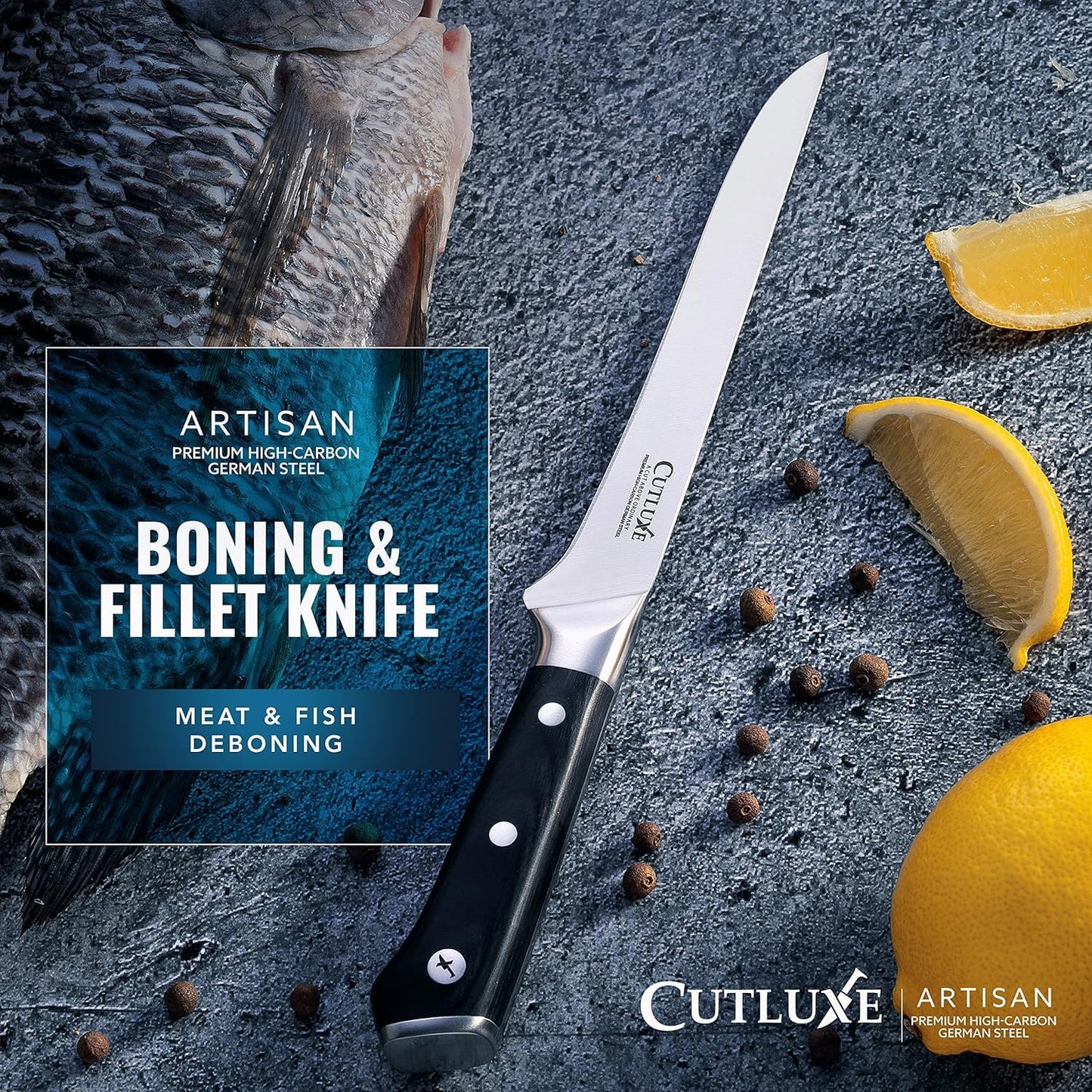 Cutluxe Boning & Fillet Knife – 6" Deboning Knife, Perfect for Meat Trimming – Razor Sharp Blade from High Carbon German Steel – Full Tang & Ergonomic Handle, Grilling Gifts for Men – Artisan Series