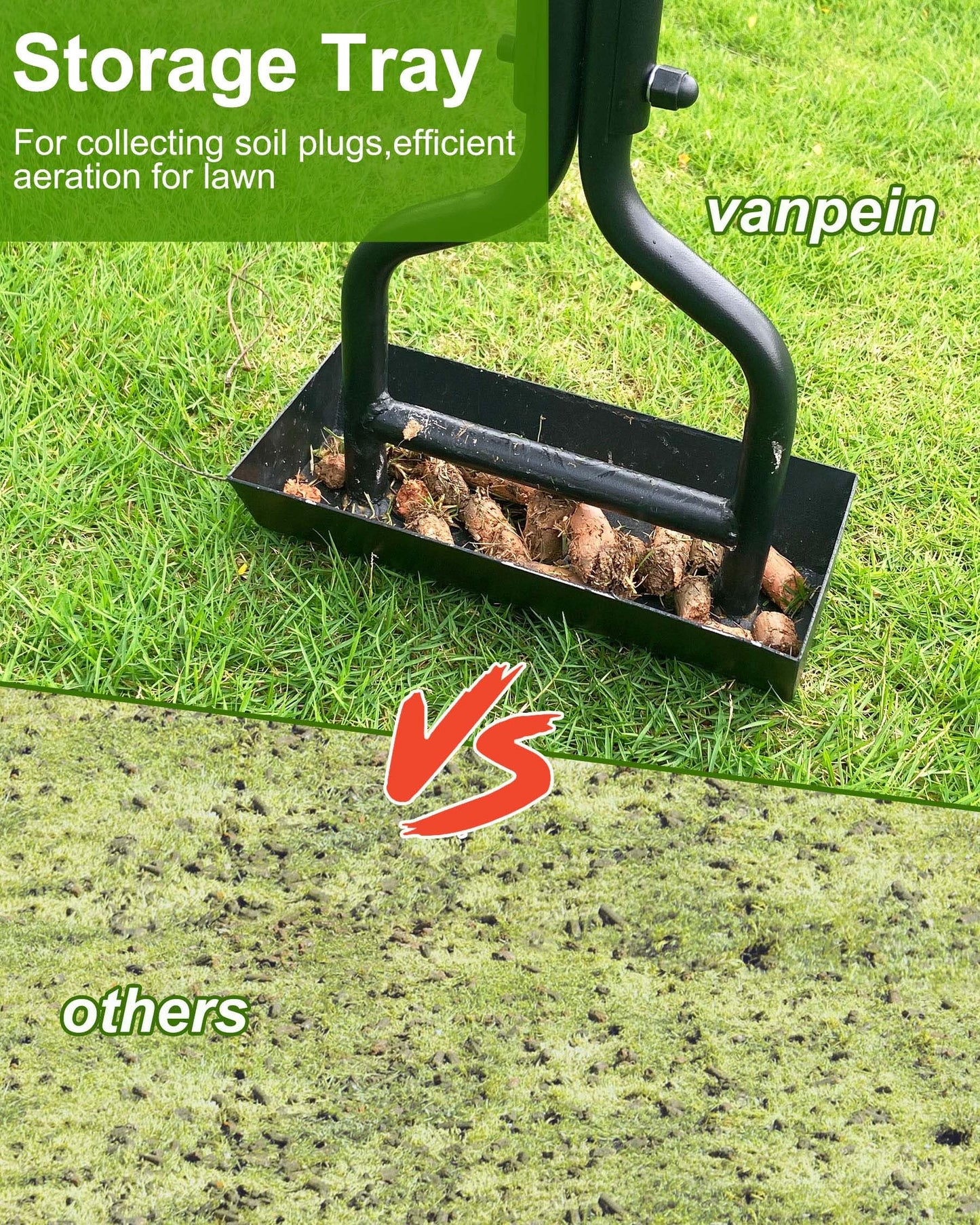 vanpein Lawn Aerator Coring Garden Tool with Soil Core Storage Tray, Manual Yard Plug Aerators & Clean Tool, Grass Aeration Gardening Tools with 3 Tines for Lawn Care, Compacted Soil, 37.6”