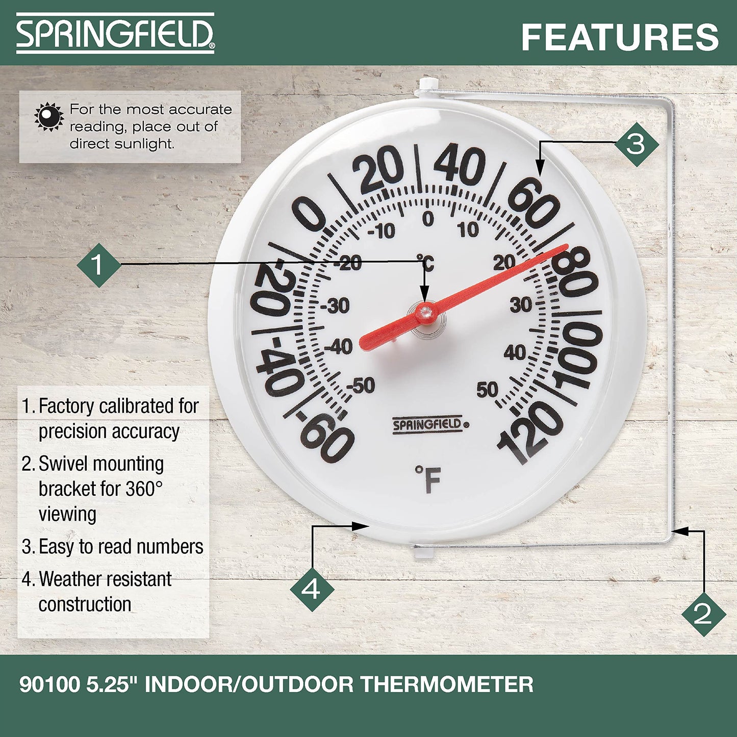 Springfield Big and Bold Thermometer with Mounting Bracket, Indoor Outdoor Thermometer, Easy to Read Numbers for Patio, Pool, and Indoor Areas, 5.25-Inch, White