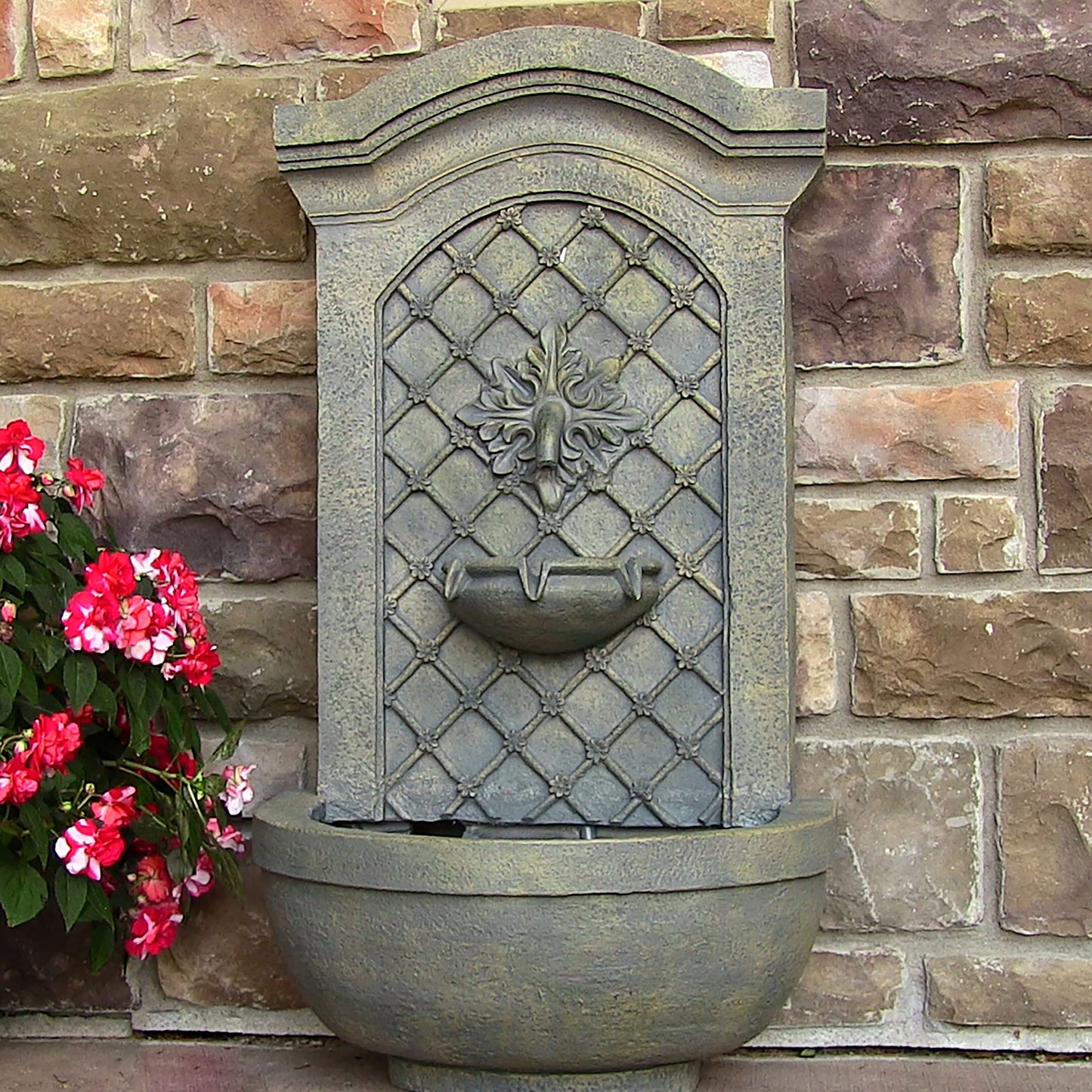 Sunnydaze Rosette Leaf 31-Inch Polystone Outdoor Wall Water Fountain - Electric Submersible Pump - Limestone Stone Finish