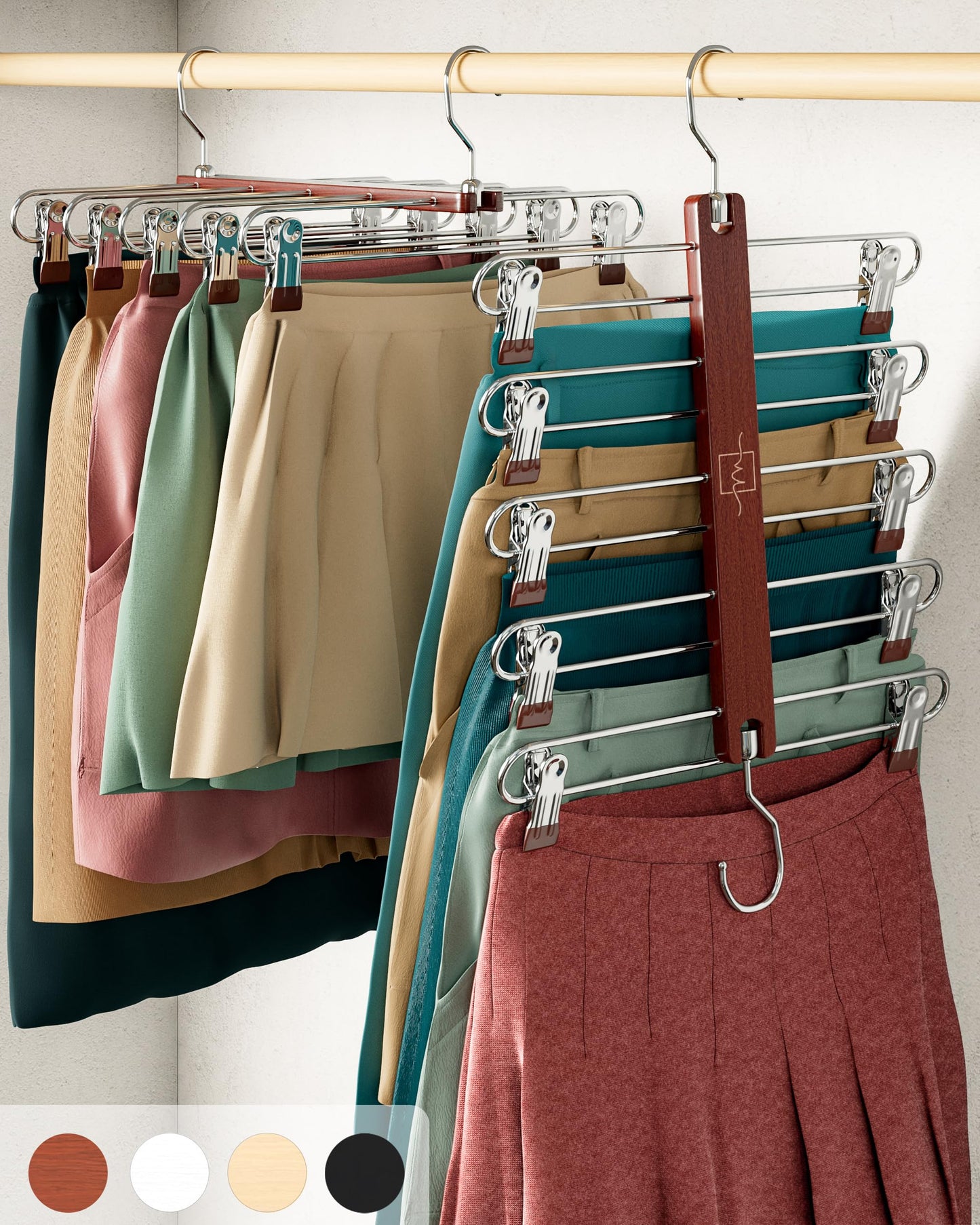 MORALVE Skirt Hangers Space Saving - European Beechwood Shorts Hangers & Skirt Hangers - Women Space Saving Skirt Hangers with Clips - Closet Organizers & Storage 5 Tier Skirt Hanger Skirt Organizer