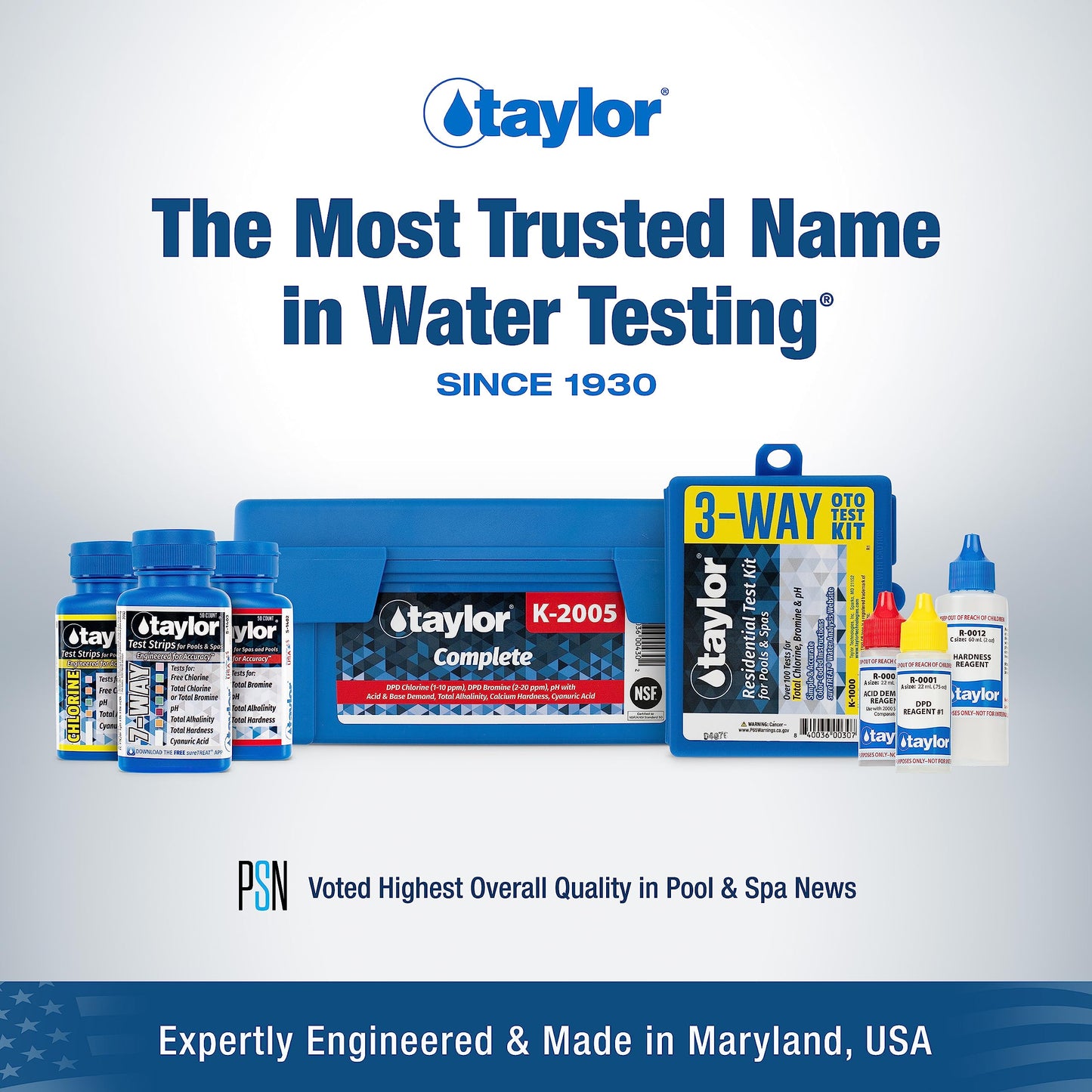 Taylor K-1005 DPD, 9-in-1 Pool Test Kit for Test Kit for Free & Total Chlorine, Bromine, pH, Acid & Base Demand, Total Alkalinity, Calcium Hardness, Cyanuric Acid | Made in The USA