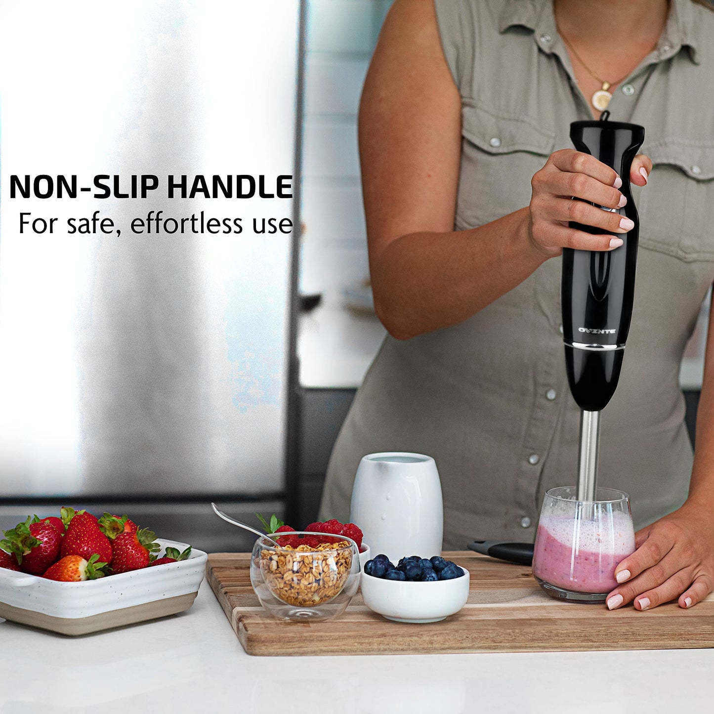 OVENTE Electric Immersion Hand Blender 300 Watt 2 Mixing Speed with Stainless Steel Blades, Powerful Portable Easy Control Grip Stick Mixer Perfect for Smoothies, Puree Baby Food & Soup, Black HS560B
