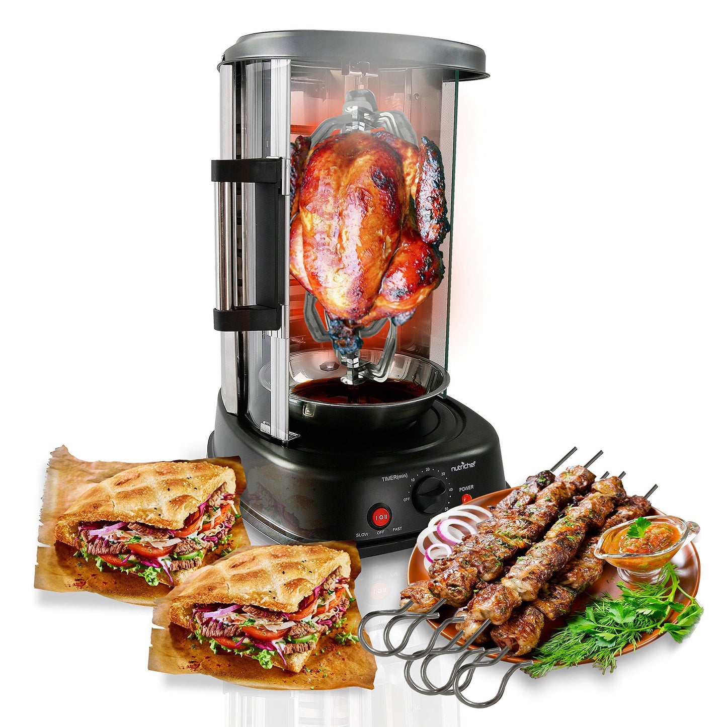 NutriChef Countertop Vertical Rotating Oven - Rotisserie Shawarma Machine, Kebob Machine, Stain & Heat Resistant Door & Energy Efficient, Includes Kebob Rack with 7 Skewers (PKRTVG34)