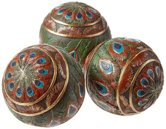 Design Toscano Peacock Feathered Orbs Decorative Accent Balls, 3 Inches Wide, 3 Inches Deep, 3 Inches High, Full Color Finish, 3 Count