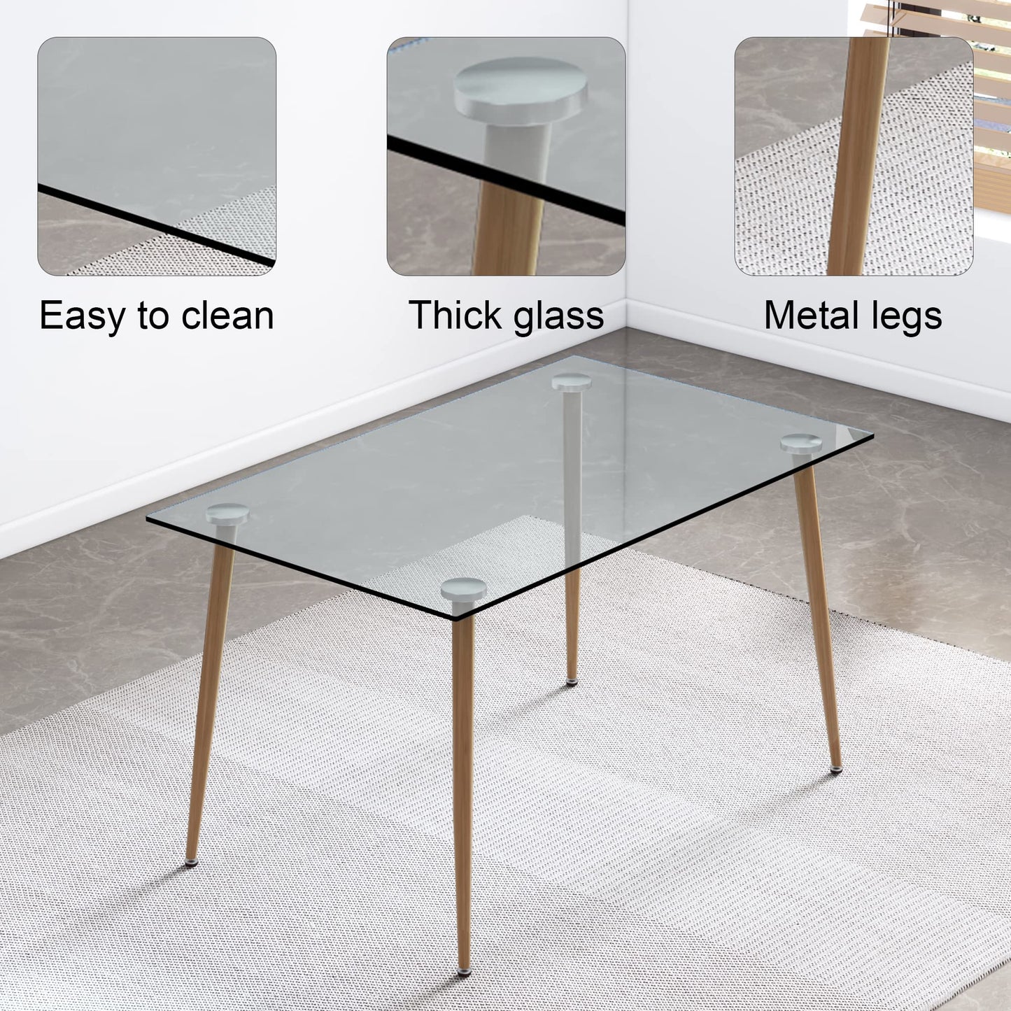 NicBex Modern Rectangular Glass Dining Table for 4-6 with 0.31" Tempered Glass Tabletop and Wood Colored Metal Legs, Writing Table Desk,for Kitchen Dining Living Room, Wood
