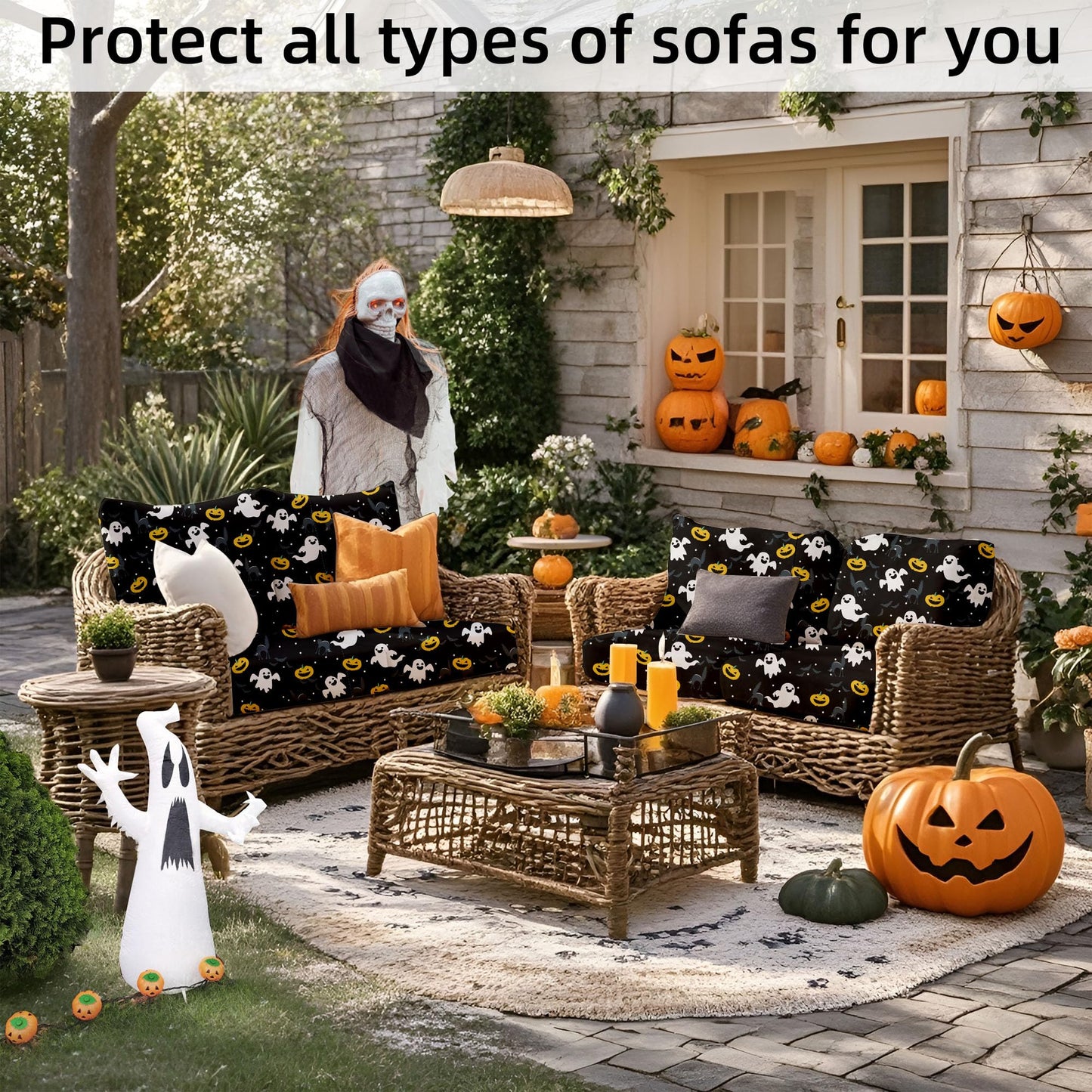 8Pcs Halloween Patio Cushion Covers Spooky Pumpkins Outdoor Cushion Covers,for Halloween Party Outdoor Couch Cushion Covers Replacement,Outdoor Sofa Covers Patio Slipcovers Couch Cover (Cover Only)