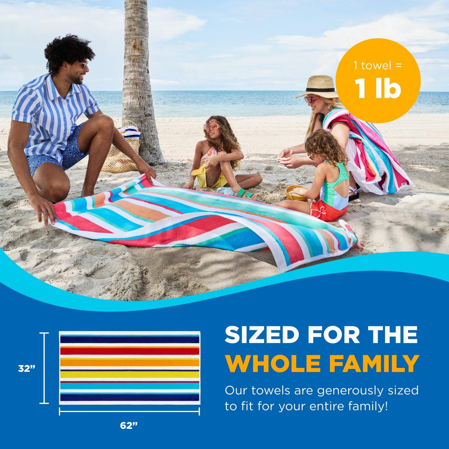 Kaufman - Joey Velour Colored Classic Multi-Color Stripe Beach & Pool Towel - Large 100% Combed Cotton Beach Towel - Soft & Absorbent Colorful Towels - 32" x 62" - 4 Pack