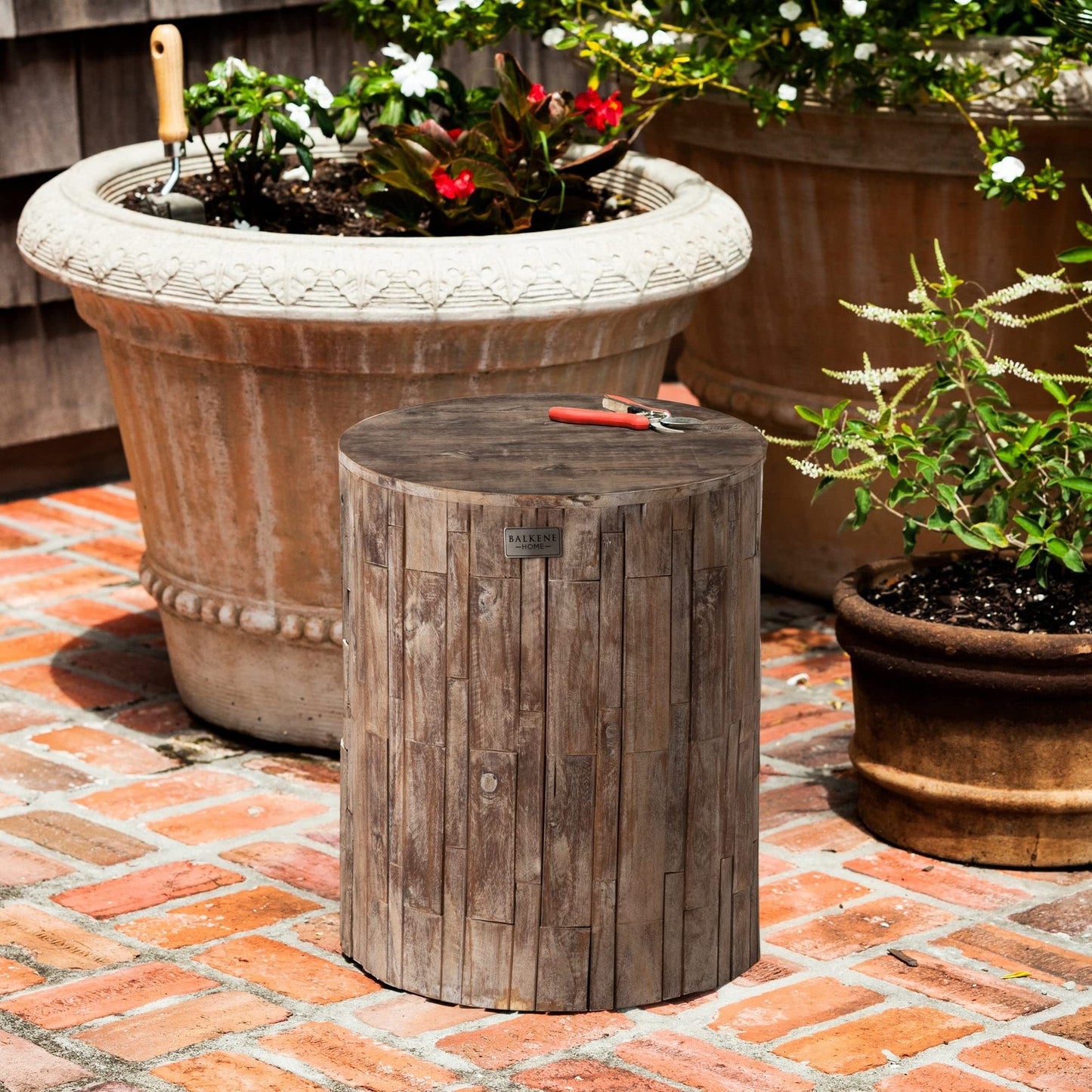 Patio Sense 62420 Elyse Round Rustic Garden Stool Wood Outdoor Seating & End Table Portable Adaptable Outdoor Furniture Ideal for Entertaining, Gardening & Decor - Seasoned Patina Finish