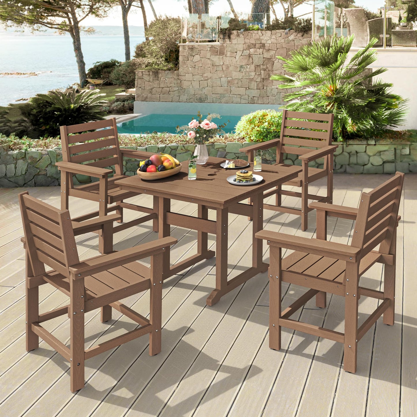 Homenjoy Patio Table and Chairs Set 5 Pieces, HDPE Weather Resistant Outdoor Dining Set with Umbrell Hole, Square Outdoor Dining Table with 4 Patio Chairs, Patio Dining Set for Balcony, Light Brown