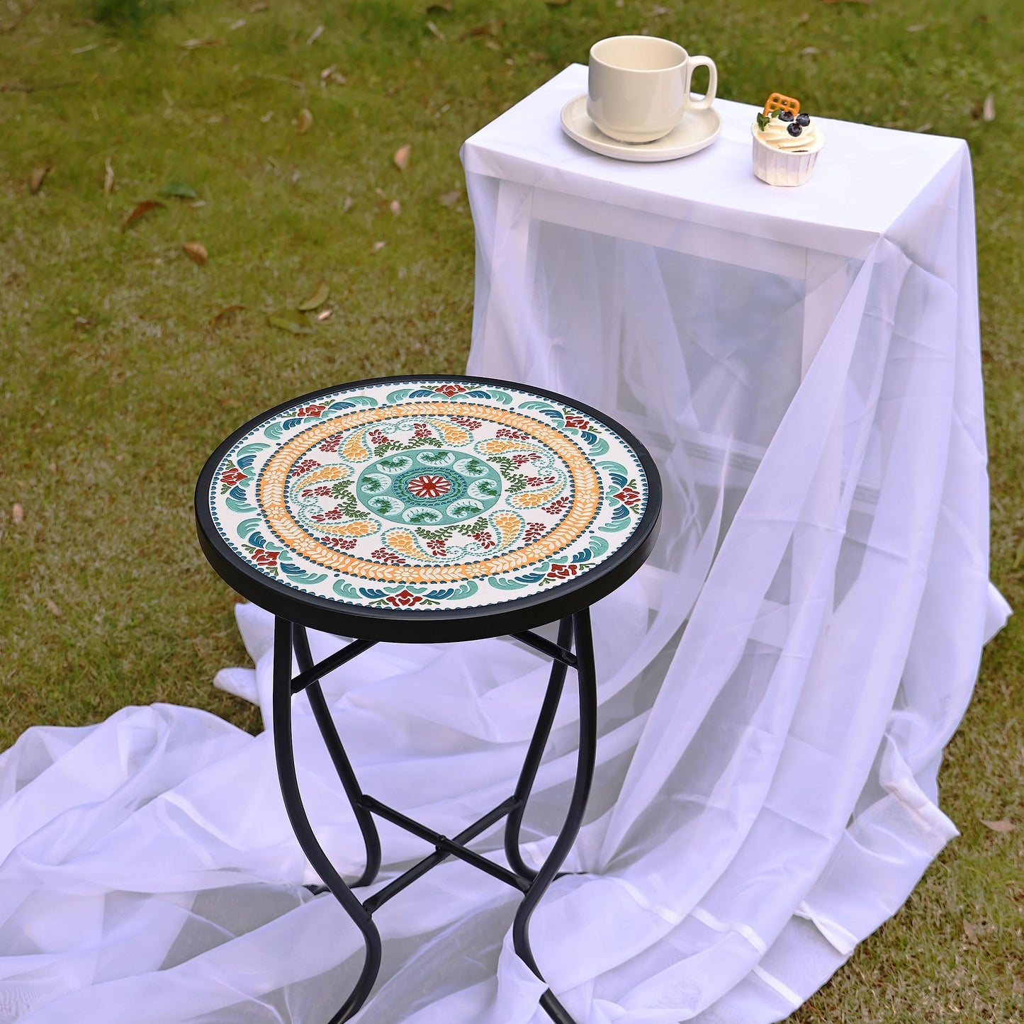 Elevon 14 Inch Round Side Ceramic Tile Top Indoor and Outdoor Accent Table, Sun