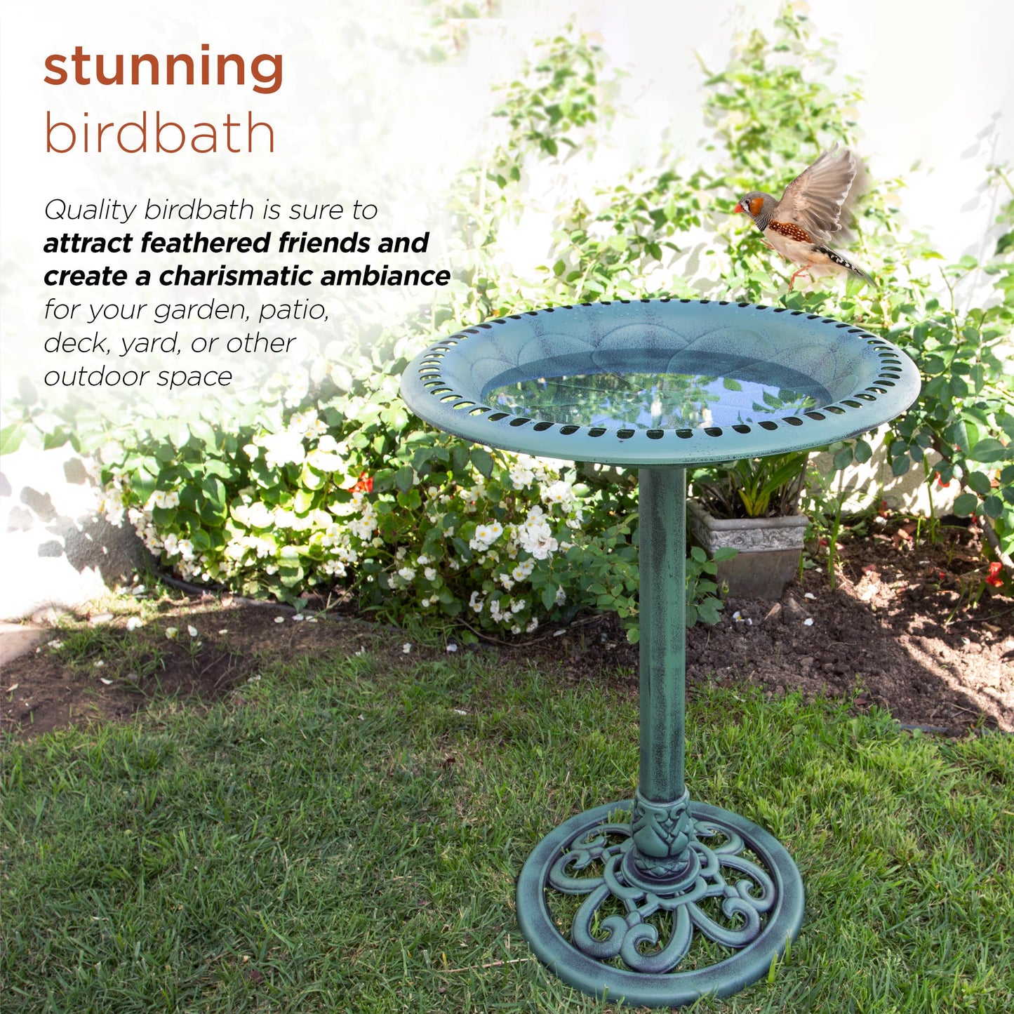 Alpine Corporation 28" Tall Outdoor Birdbath with Scrollwork Decoration Yard Statue