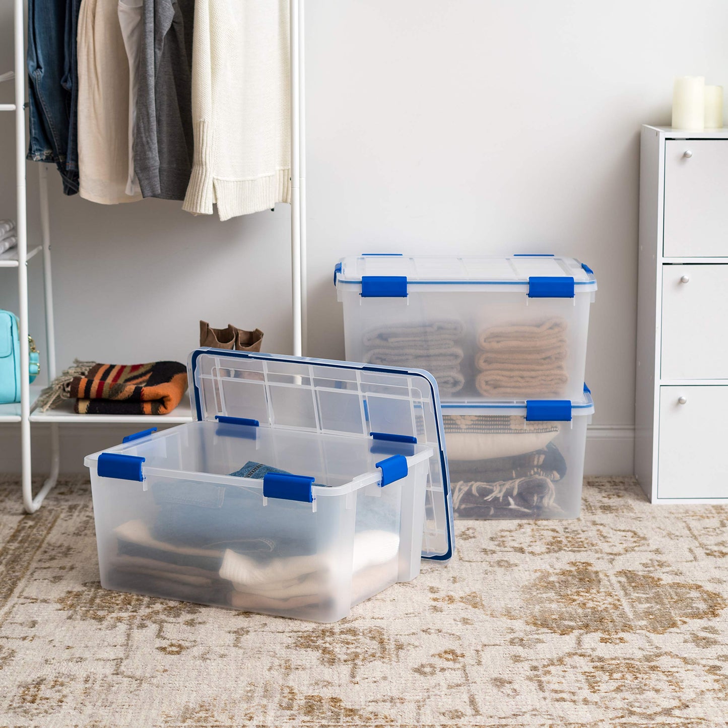 IRIS USA WeatherPro 60 Qt Storage Bins with Lids, 3 Pack, BPA-Free Plastic Gasket Box with Tight Latch and Seal, Stackable Nestable Tote Tub - Clear/Blue