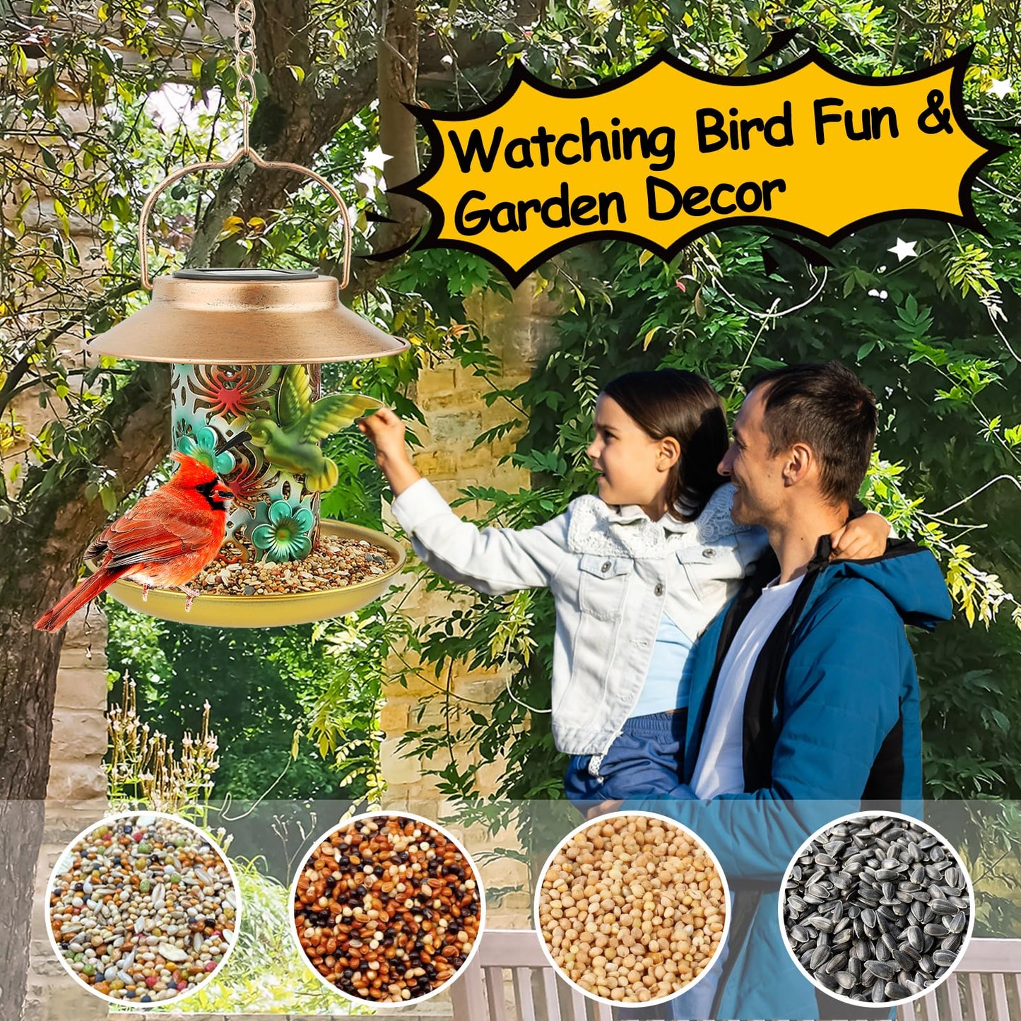 PENXUA Solar Bird Feeder for Outdoors Hanging, Gifts for Mom Grandma Women, Metal Waterproof Outside Wild Bird Feeders,Cardinals Feeders, Gifts for Bird Lovers, Lantern Light, Garden Decoration