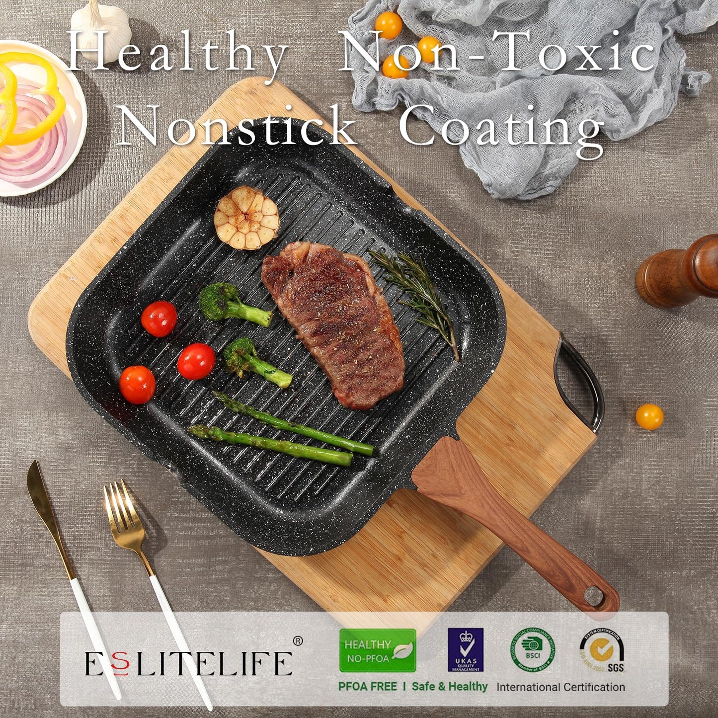 ESLITE LIFE 11 Inch Nonstick Grill Pan with Lid for Indoor Cooking, Versatile Induction Square Large Grilling Skillet Steak Pan for Stove Tops, PTFE & PFOA Free, Black