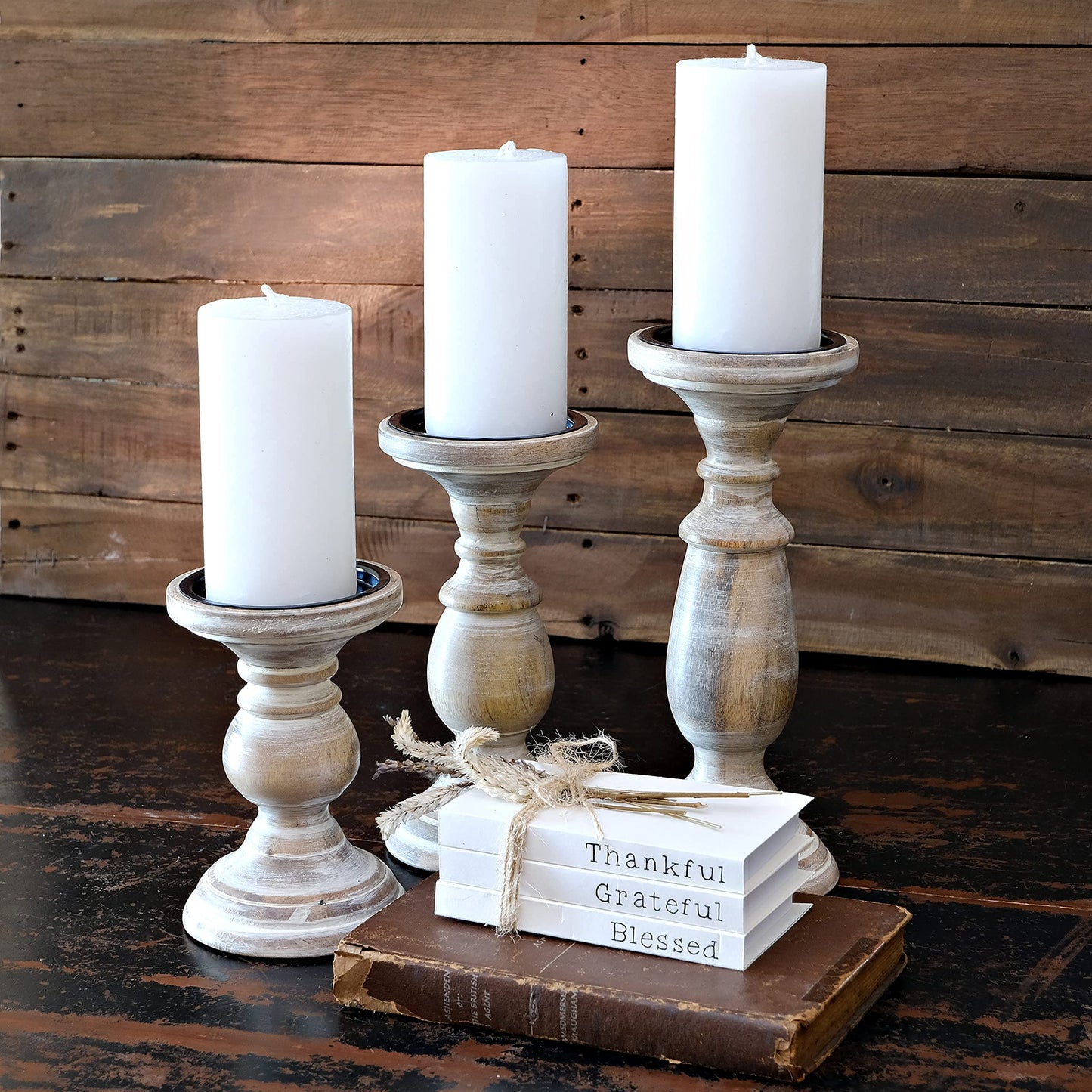 Candle Holders for Pillar Candles, Wooden Table Centerpiece, Set of 3, Wood Candle Holders, Rustic Pillar Candle Holder, Farmhouse Candle Holders Fireplace White