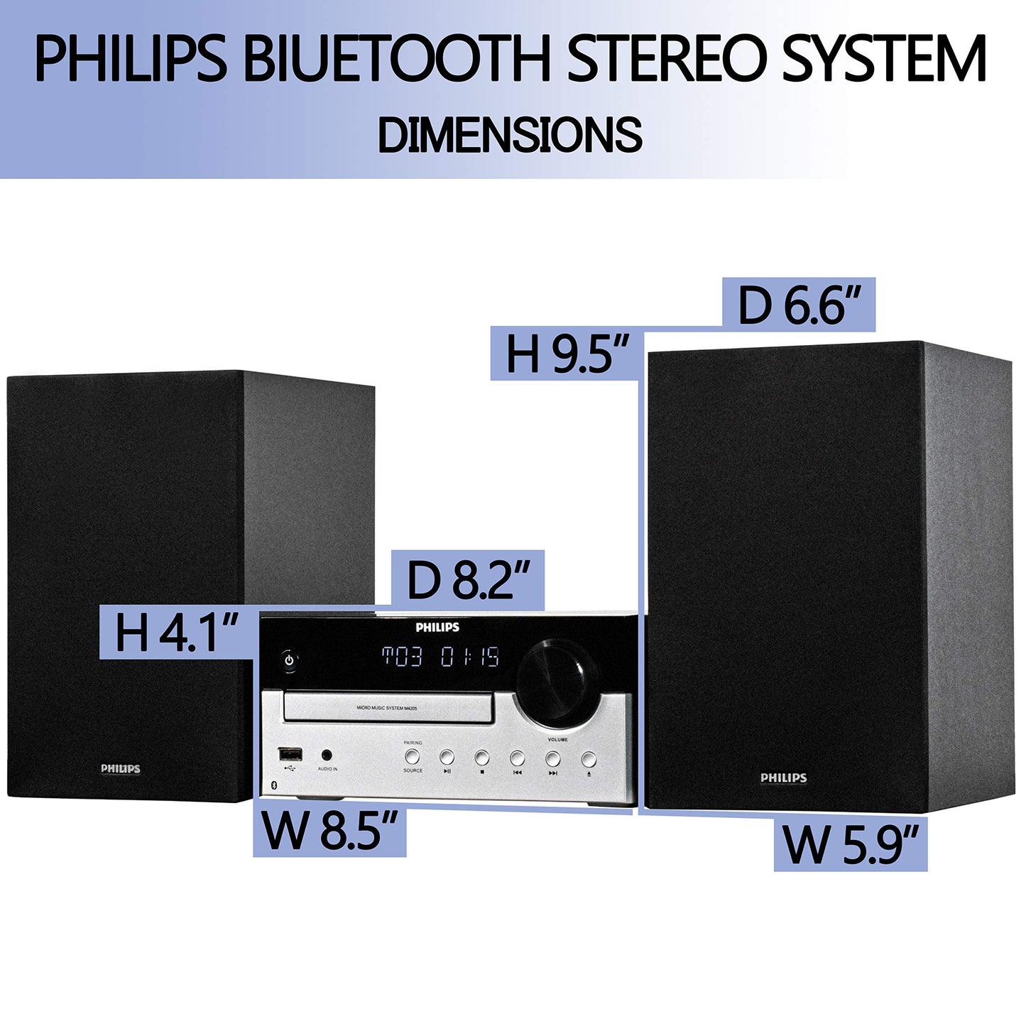 PHILIPS Bluetooth Stereo System for Home with CD Player, MP3, USB, Audio in, FM Radio, Bass Reflex Speaker, 60W, Remote Control Included