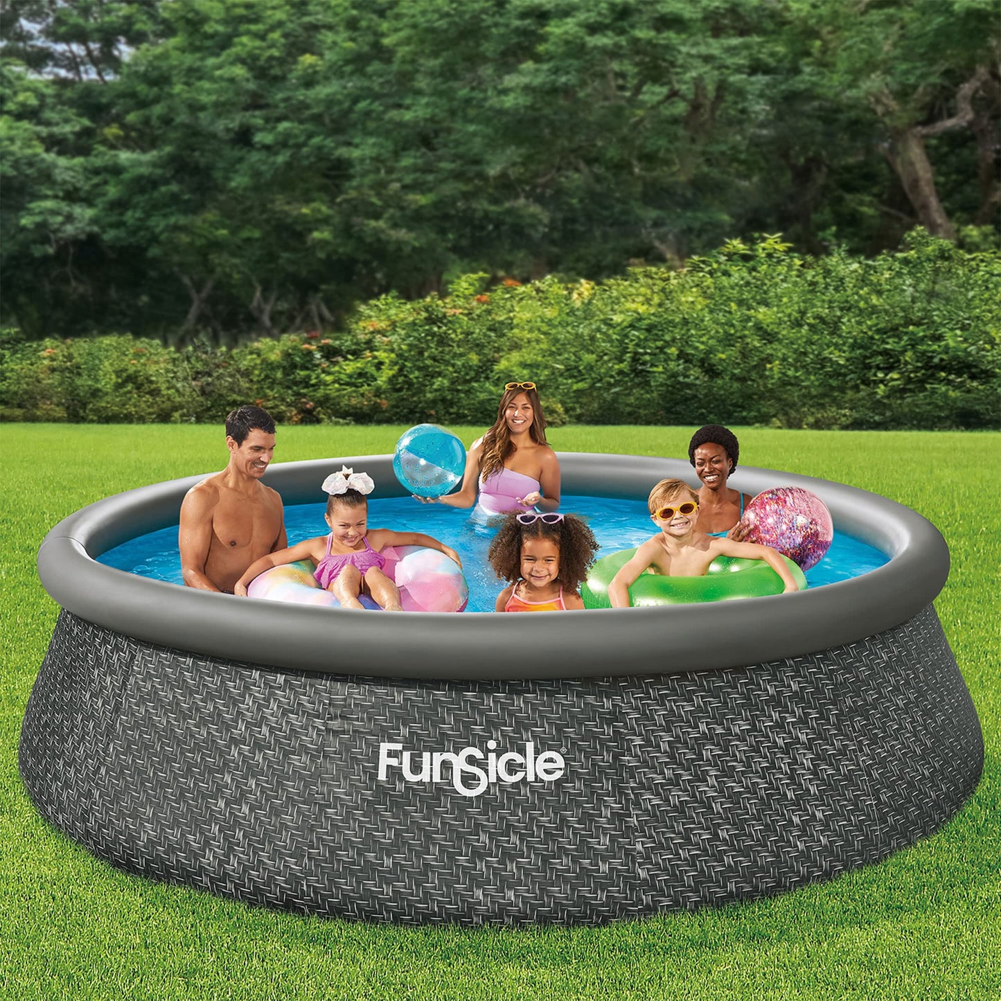 Funsicle 12 Foot by 36 Inch Quickset Round Inflatable Ring Top Outdoor Above Ground Swimming Pool Set with Pump and Cartridge Filter, Dark Herringbone