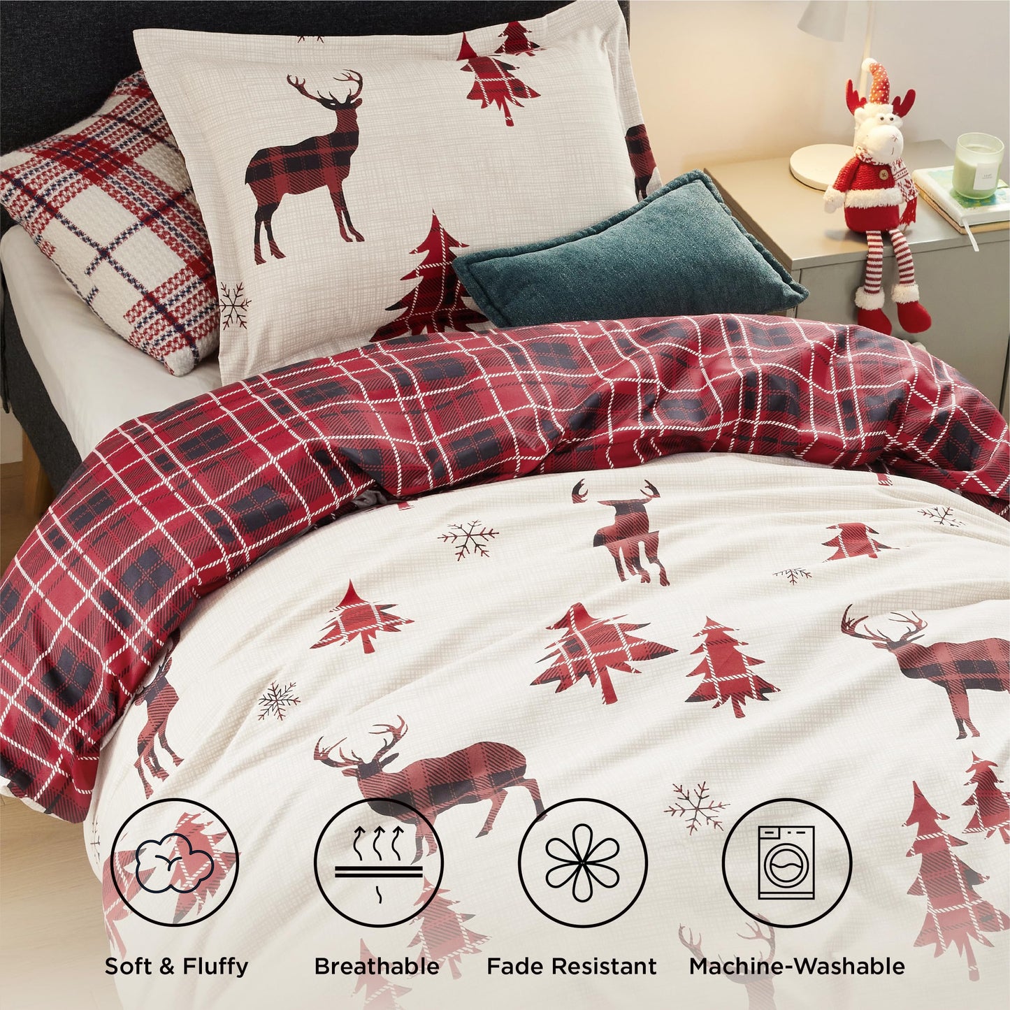 Bedsure Christmas Duvet Cover Twin - Christmas Kids Bedding Set, Reversible Buffalo Check Printed Christmas Plaid Duvet Cover, Includes 1 Duvet Cover and 1 Pillow Sham (Twin, Reindeer)