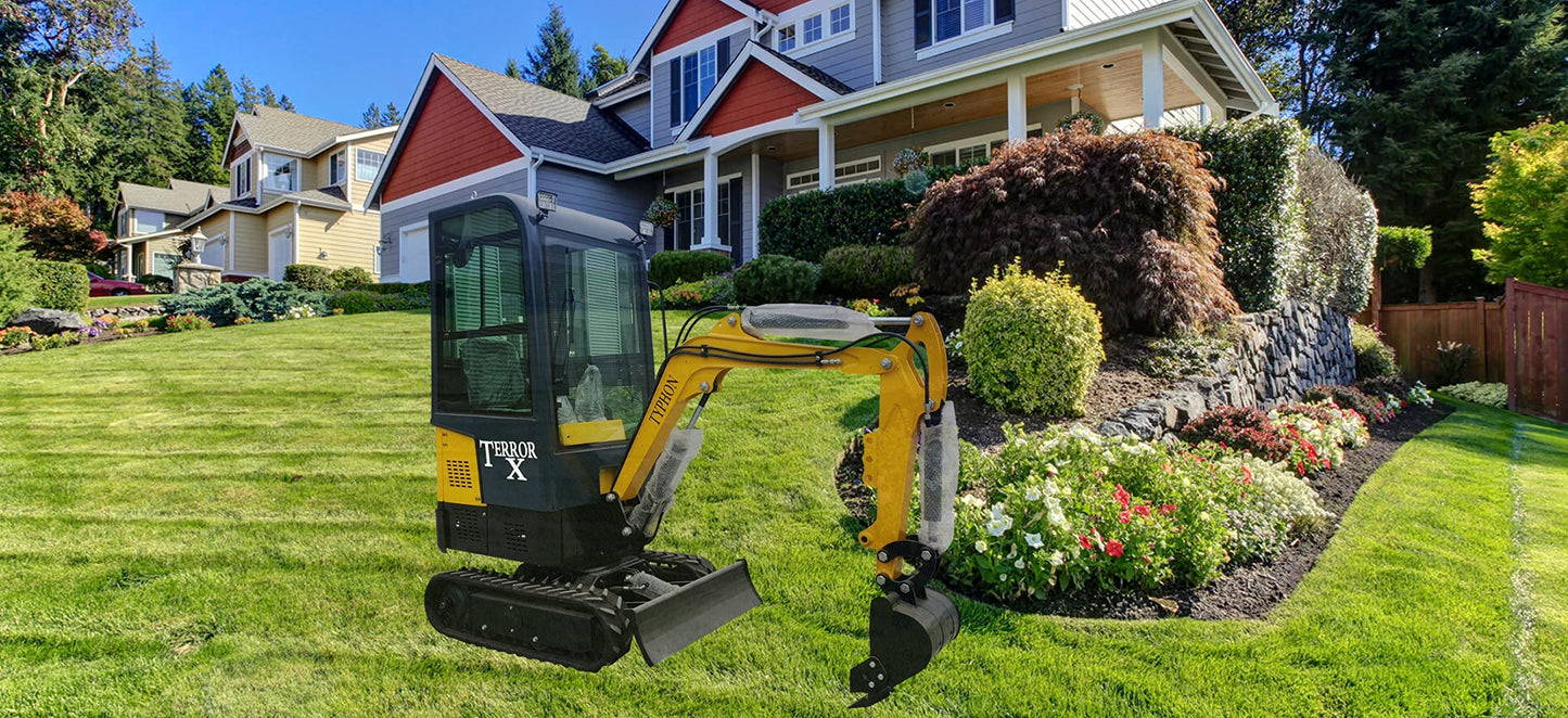 TYPHON Terror X Mini Excavator – 2,500lb Trench Digger with Cabin, 380mm Wide Bucket – Mini Excavator Machine for Garden, Farms, Parks, Roads – Ideal for Digging, Drilling, Bull-Dozing