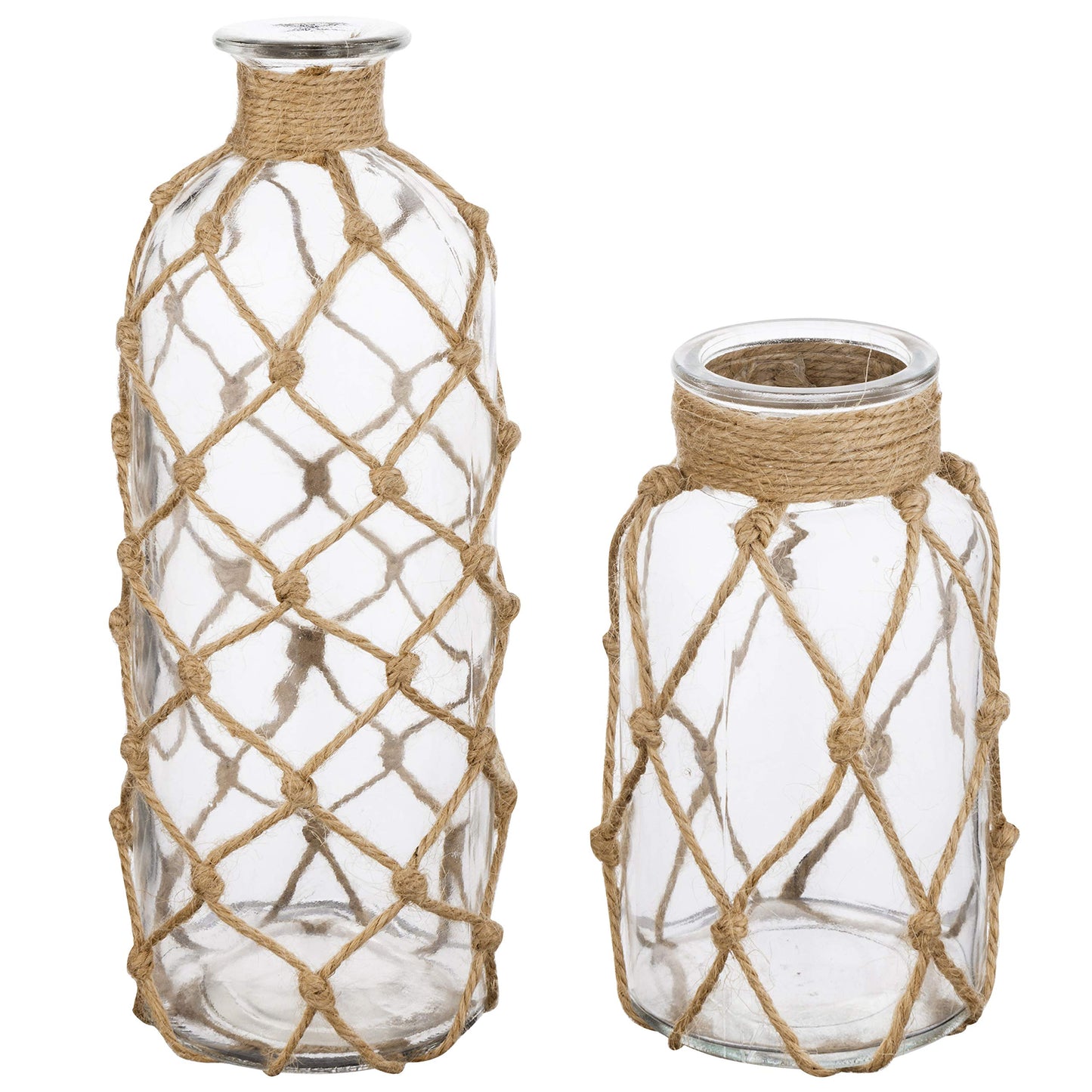 MyGift Coastal Style Decorative Glass Bottles with Rope Wrapping, Set of 2