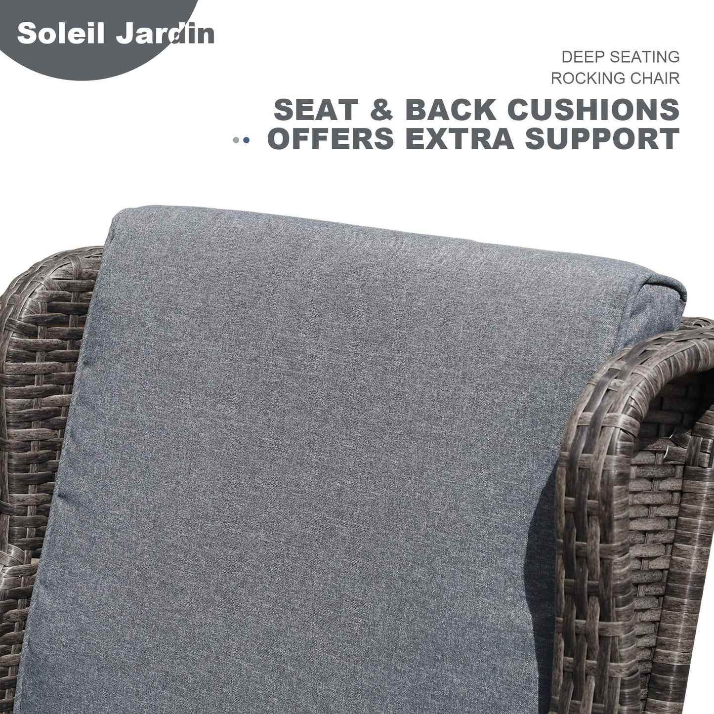 Soleil Jardin Outdoor Resin Wicker Rocking Chair with Cushions, Patio Yard Furniture Club Rocker Chair, Gray Wicker & Gray Cushions