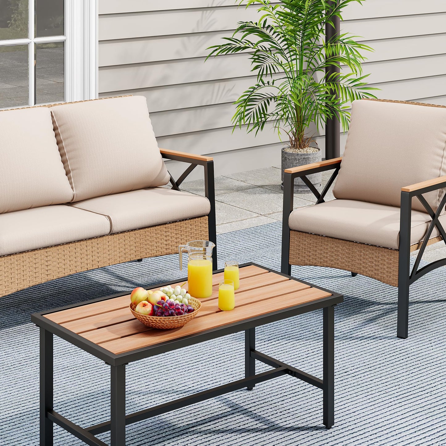 YITAHOME 4-Piece Patio Wicker Furniture Set with Wood Armrest, All Weather Rattan Conversation Furniture Sets for Backyard, Balcony, Deck w/Soft Cushions and Plastic Wood Table (Light Brown+Beige)