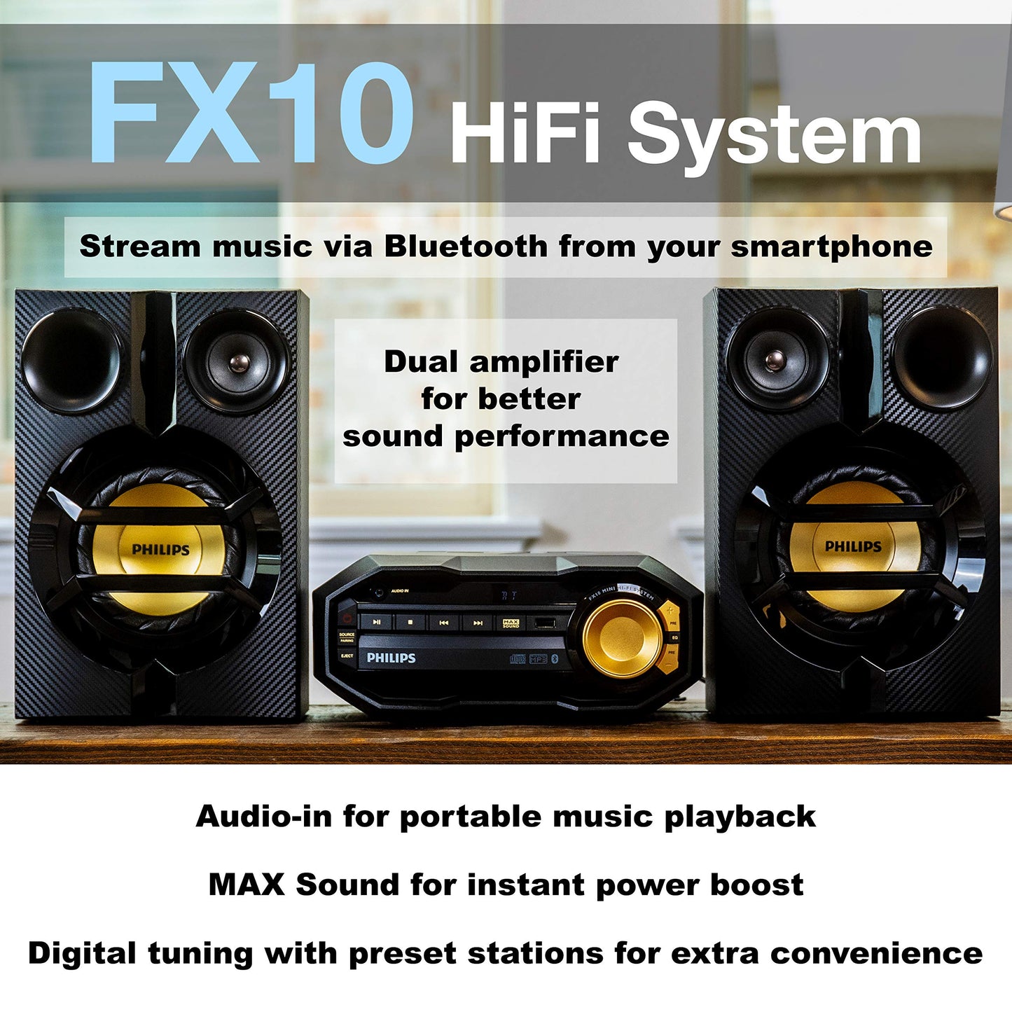 PHILIPS FX10 Bluetooth Stereo System for Home with CD Player , MP3, USB, FM Radio, Bass Reflex Speaker, 230 W, Remote Control Included