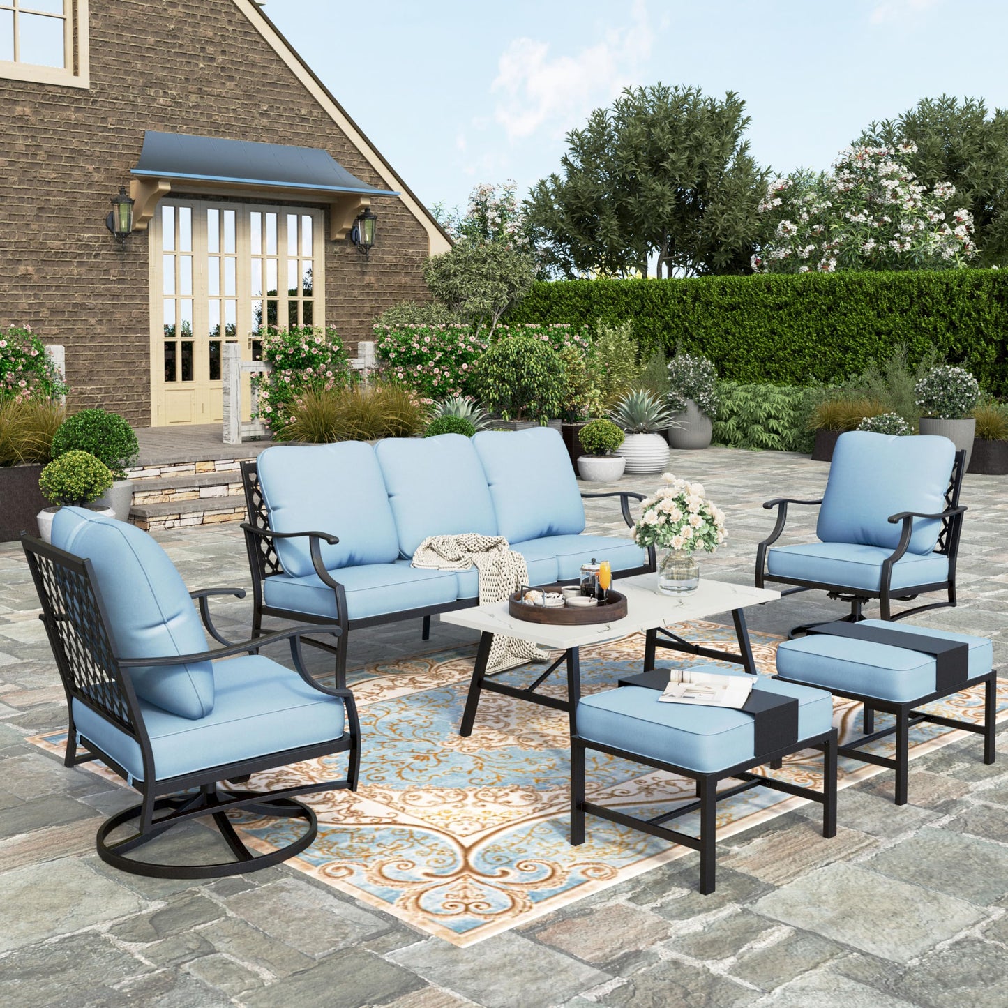 HERA'S HOUSE 6 Piece Patio Furniture Set, 2 x Swivel Cushioned Chair, 2 x Cushioned Ottoman, 1 x 3-Seat Sofa with Marbling Coffee Table, Outdoor Conversation Set for Lawn Garden Backyard, Blue