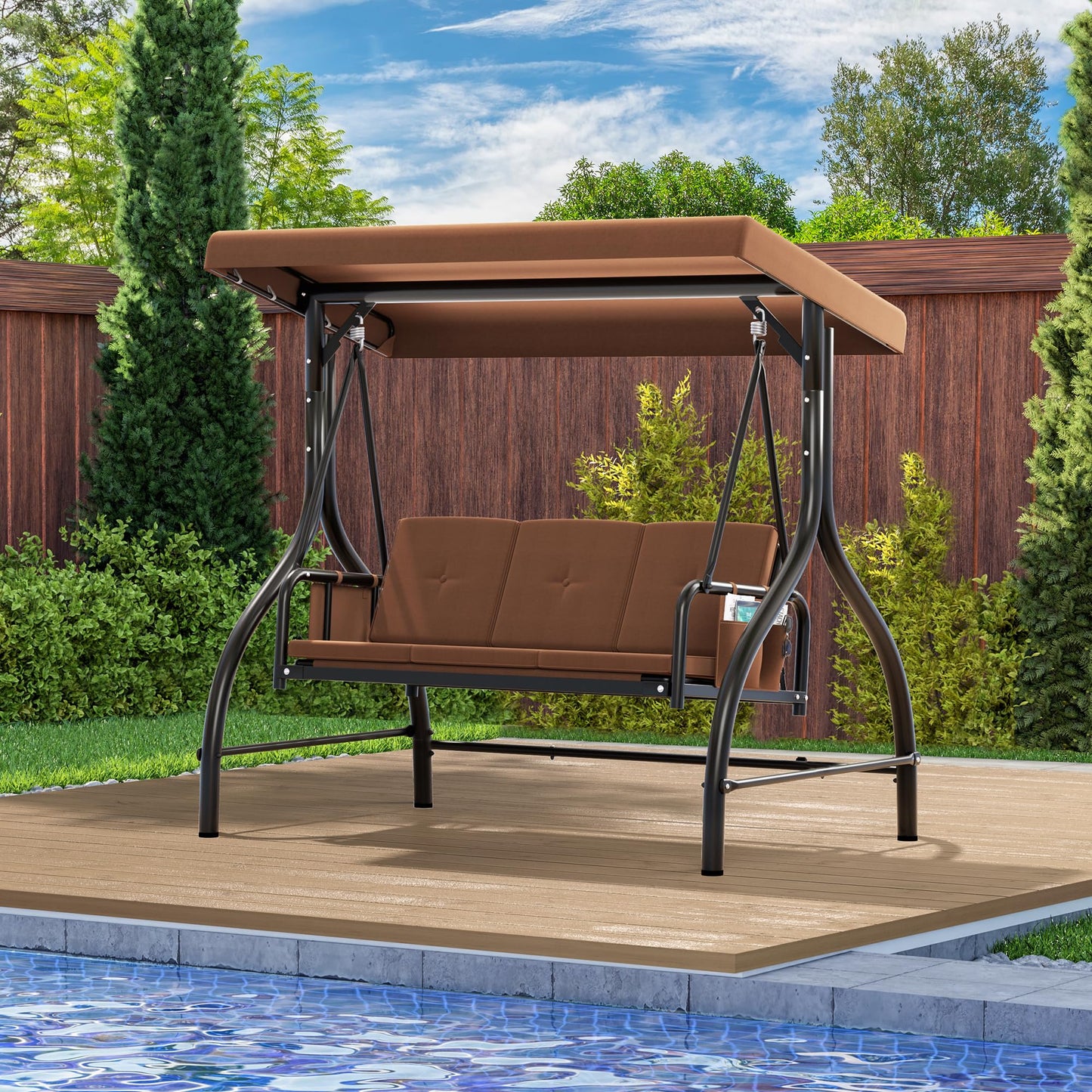 YITAHOME Porch Swing Bed 3-Seats Outdoor Patio Swing Heavy Duty Swing Chair with Adjustable Canopy Removable Cushion, Suitable for Adult in Garden, Poolside, Balcony, Brown
