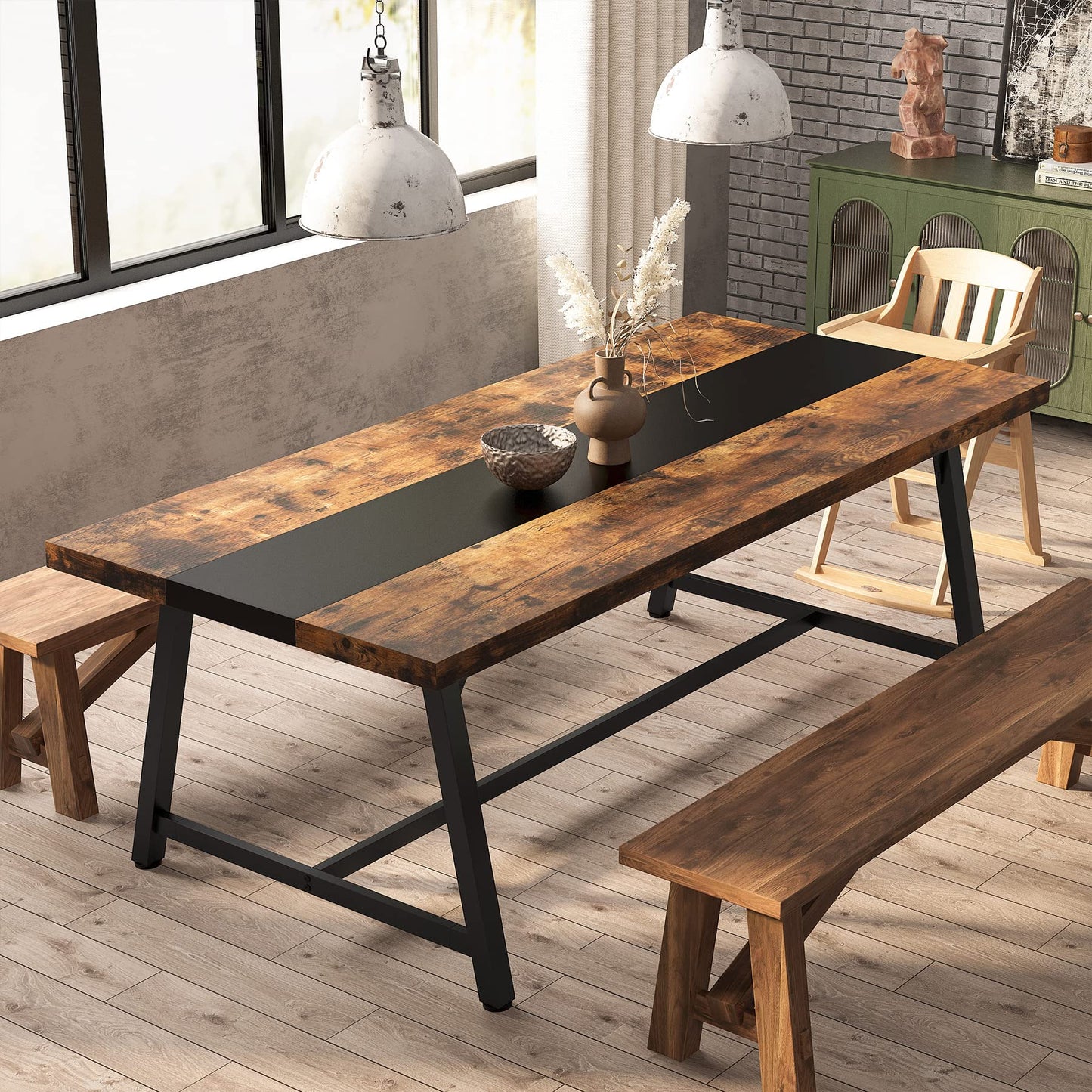 Tribesigns Dining Table for 8 People, 70.87-inch Rectangular Wood Kitchen Table with Strong Metal Frame, Industrial Large Long Dining Room Table for Big Family (Rustic Brown)