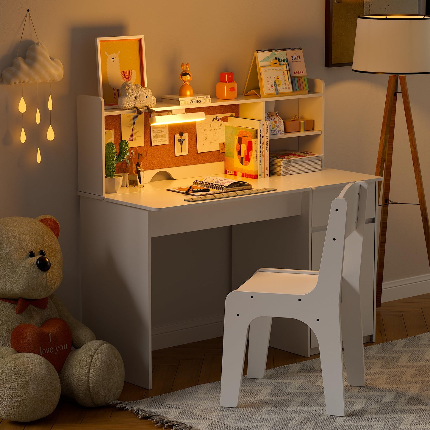 PAKASEPT Kids Desk and Chair Set,Kids Study Desk with 3-Color Lights,Tiltable Desktop,Multi Functional Study Table for Kids 5-12,Student Writing Desk with Hutch and Storage Cabinet for Bedroom