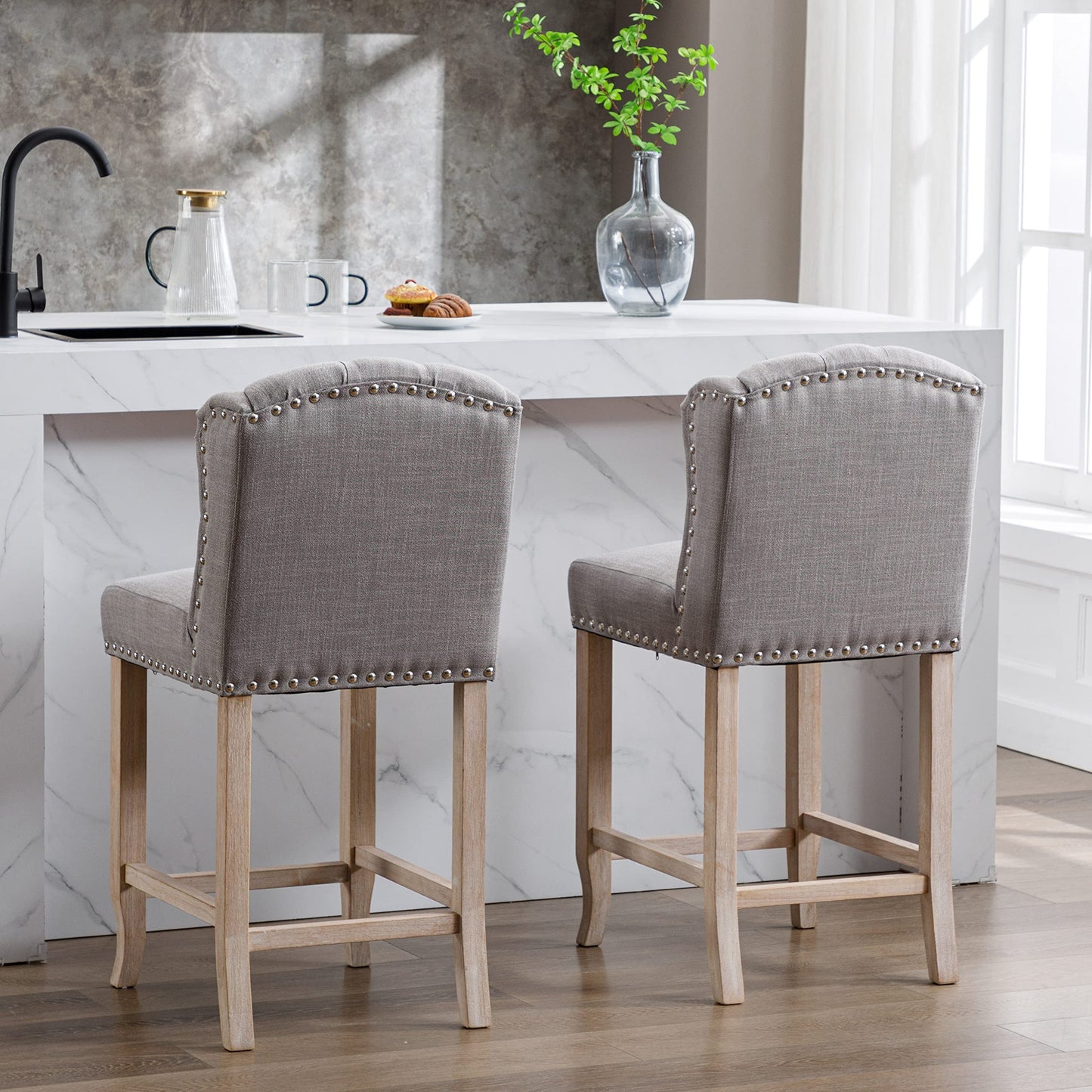 DUOMAY Tufted 26 Inch Counter Height Bar Stools Set of 2, Linen Fabric Counter Chairs with Back, Armless Barstools Breakfast Stools W/Solid Wood Legs for Kitchen Island Lounge Pub Bar, Grey