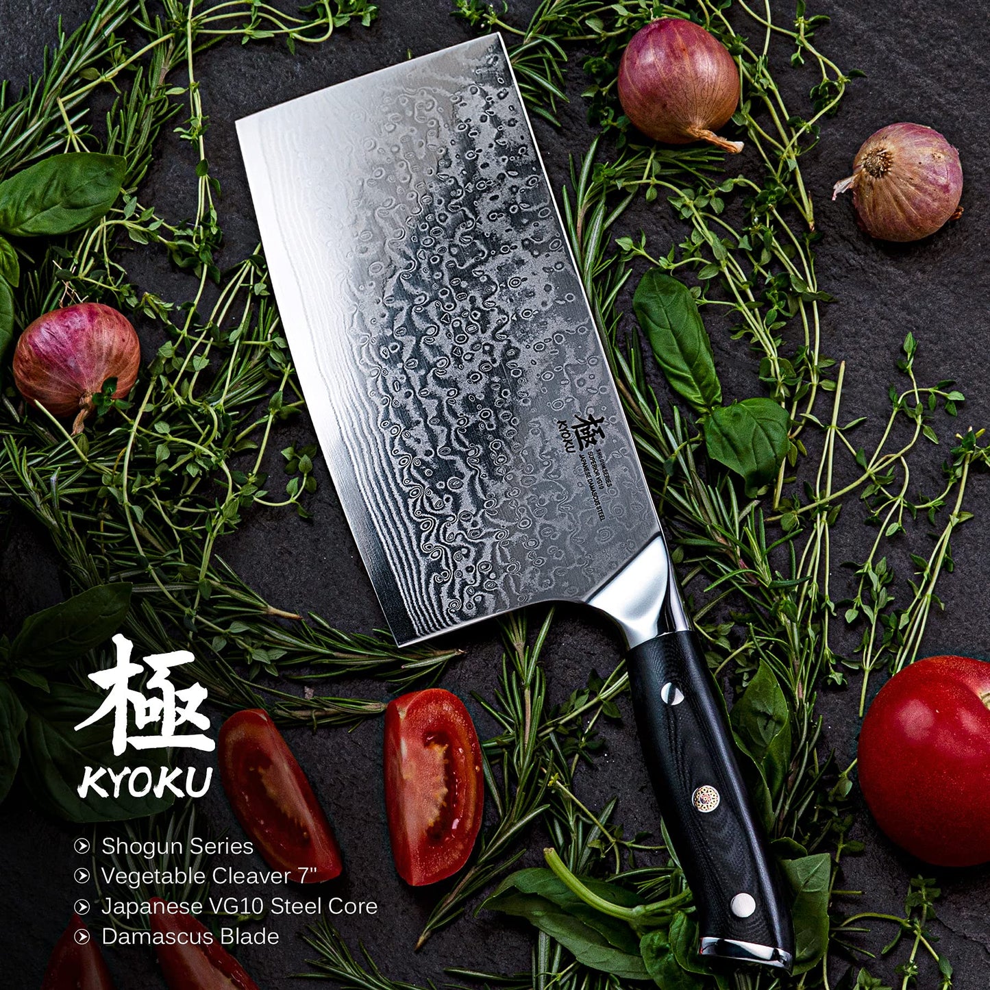 KYOKU Vegetable Cleaver Knife - 7" - Shogun Series - Japanese VG10 Steel Core Forged Damascus Blade - with Sheath & Case